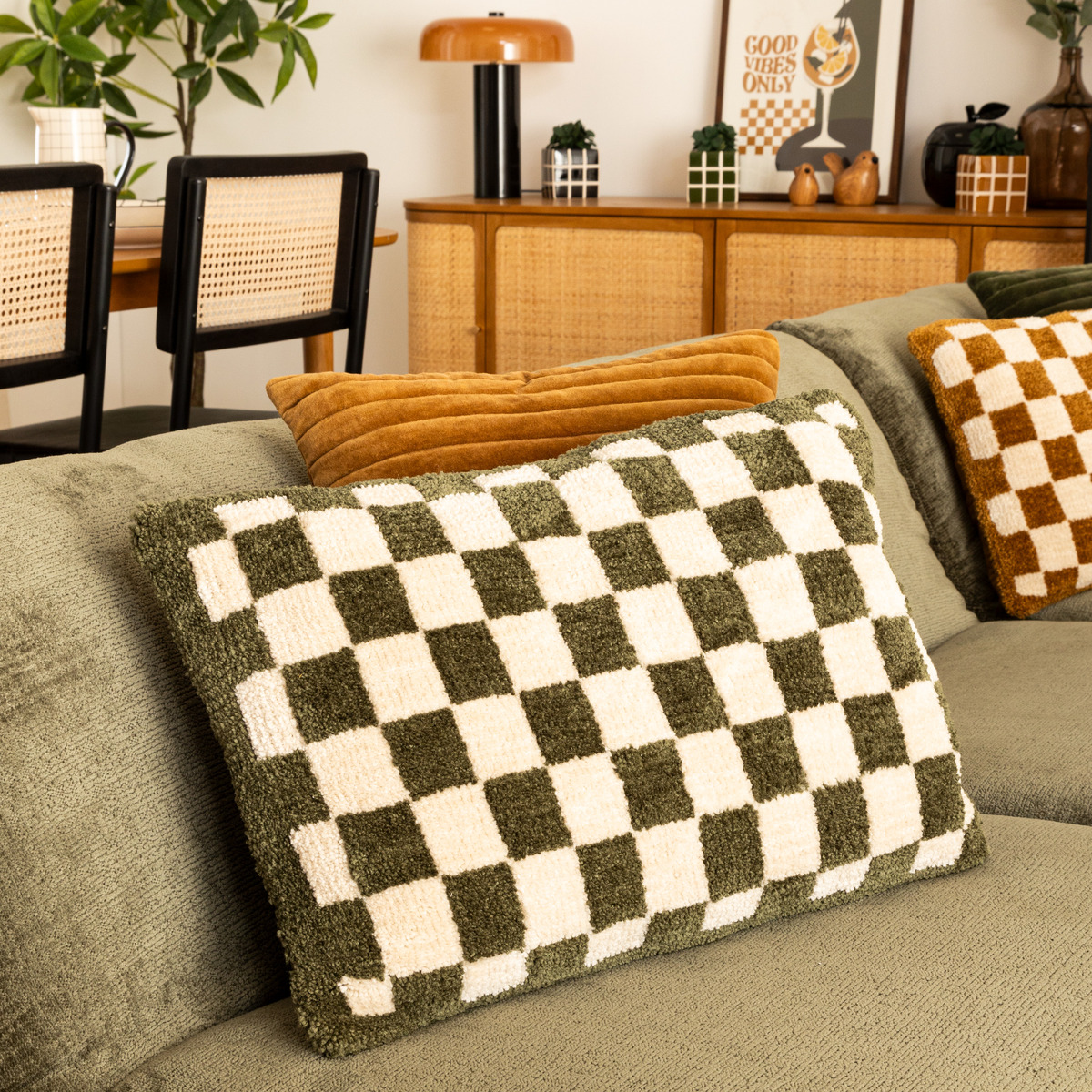 Checked cushion "Itha" Khaki green, 38x58 cm