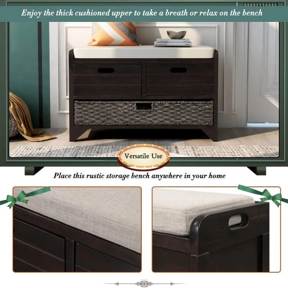 Solid Wood Storage Bench, Narrow Entryway Bench with 2 Drawers and Removable Basket, Classic Accent Shoe Bench with Storage and Removable Cushion for Hallway Living Room, Fully Assembled, Navy - Image 14