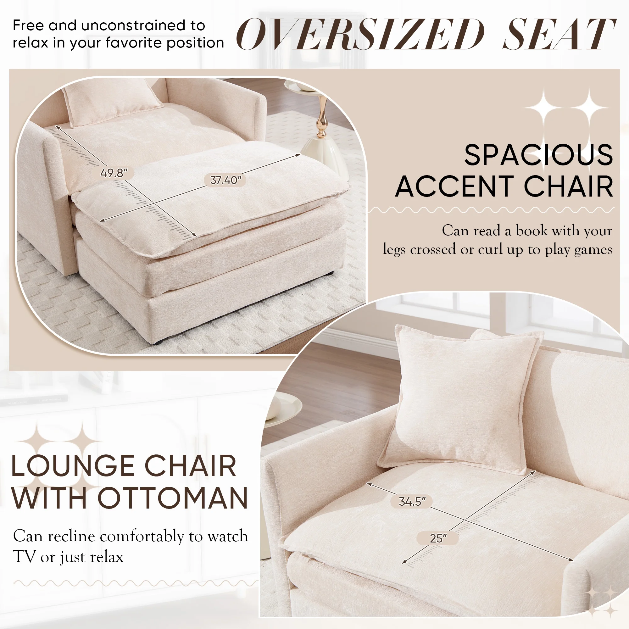 Muumblus Oversized Lounge Chair with Ottoman, Cloud Accent Armchair for Living Room, Beige Chenille - Image 10
