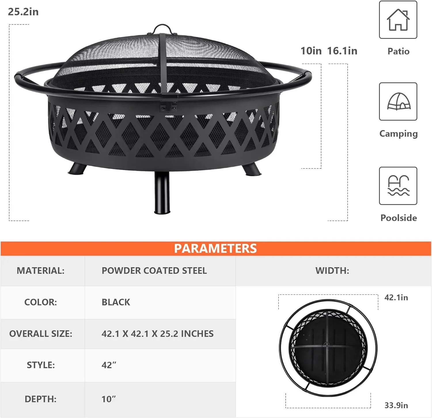 SUNCREAT 42-Inch Wood Burning Patio Fire Pit, Black, 42.1 Inch Diameter x 25.2 Inch High - Image 29 SUNCREAT 42-Inch Wood Burning Patio Fire Pit, Black, 42.1 Inch Diameter x 25.2 Inch High - Image 29