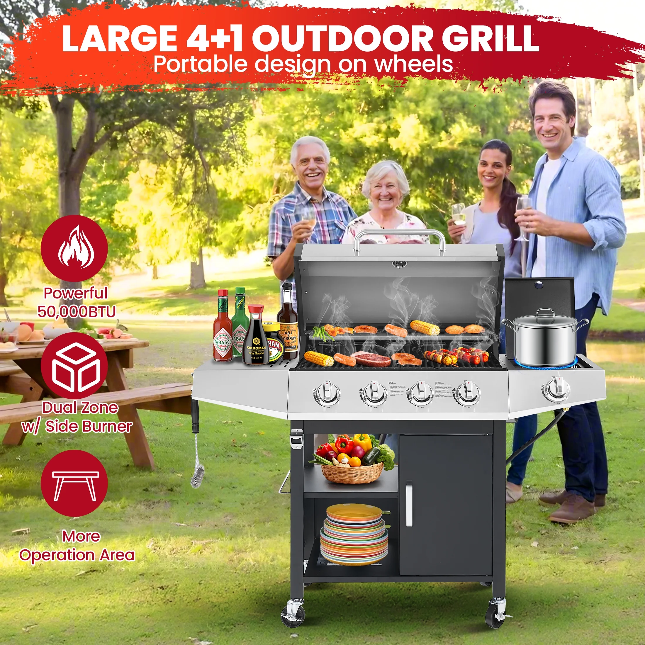 4-Burner BBQ Grill W/Side Burner, 50,000BTU Gas Propane Grill Portable with Storage Cabinet, Heavy-Duty Stainless Steel Outdoor Cooking, with Tank Hook, Towel Rack, Steel Brush