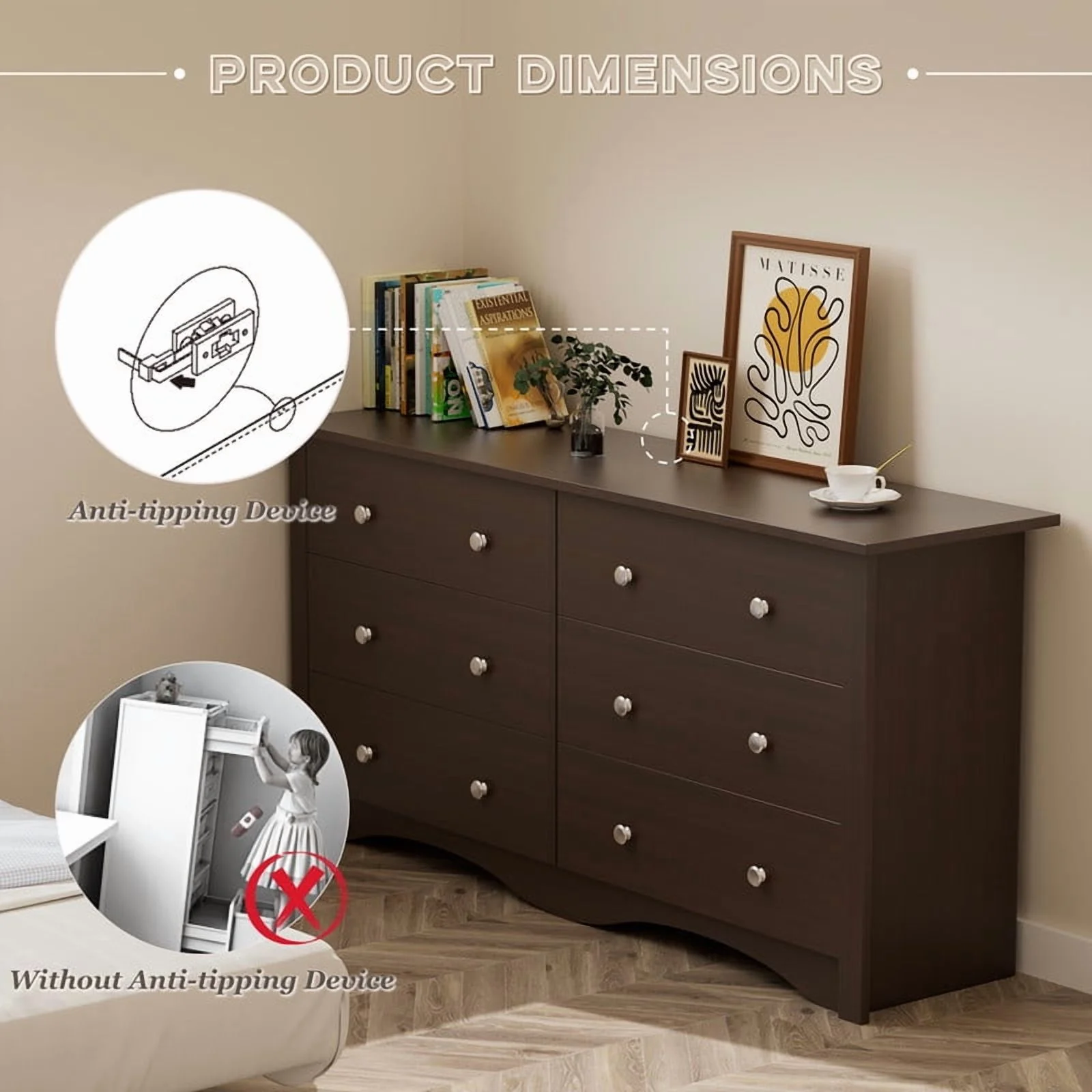 Lumihaven Rustic Modern Chest of 6 Drawers,Extra Wide Double Dresser for Master Bedroom or Nursery Storage,Black - Image 12