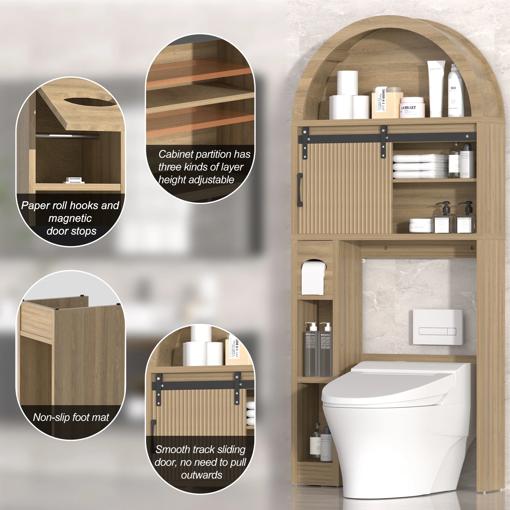 HARIPUL Over The Toilet Storage Cabinet w/ Unique Wood Grain & Arc Design, Freestanding Bathroom Shelf Organizer Space Saver w/ Doors & Anti-Tip Device, Wood Color - Image 59