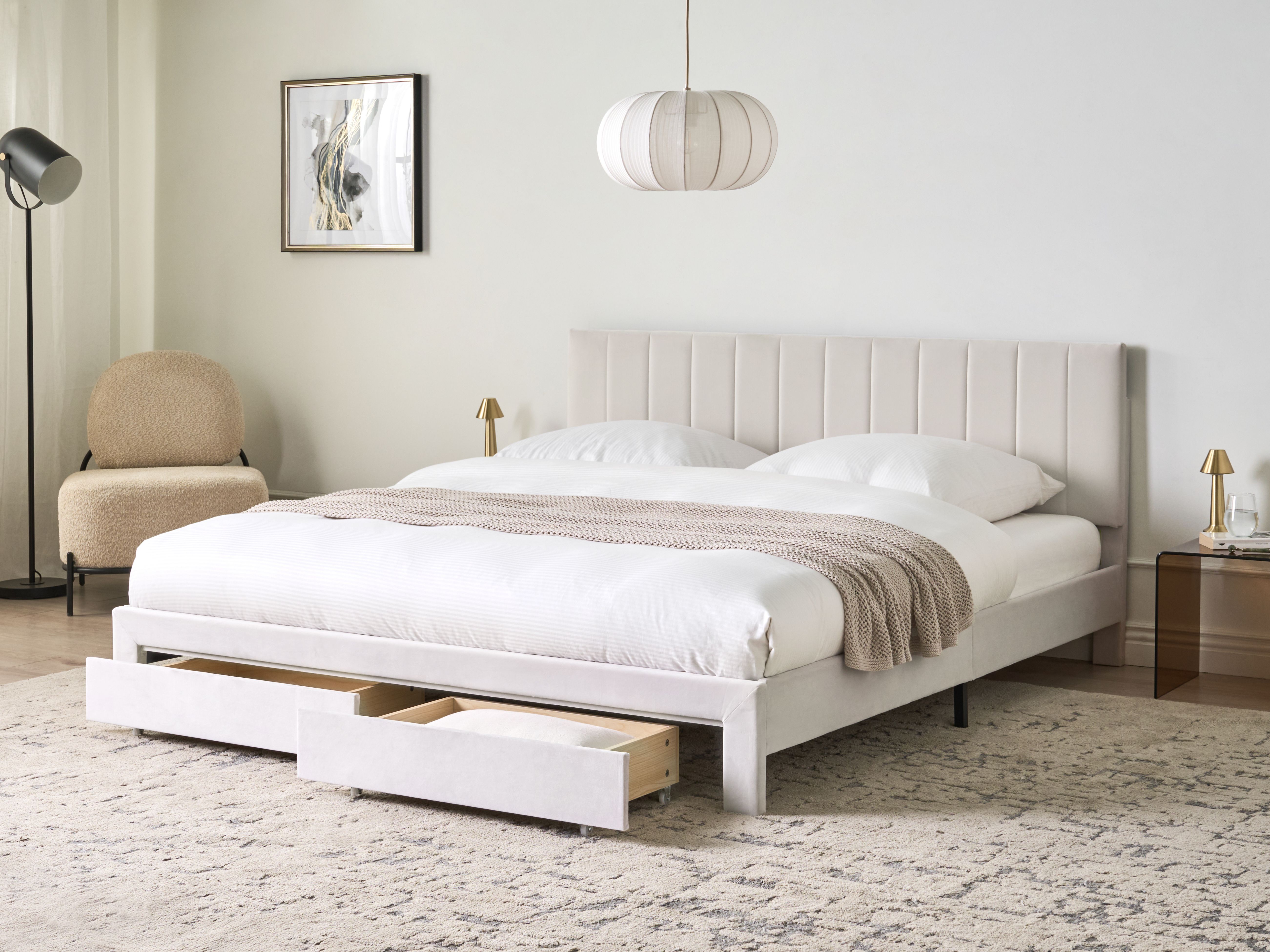 Bed with Storage Drawers Velvet LONZAC 180 x 200 cm (EU Super King) Off-White