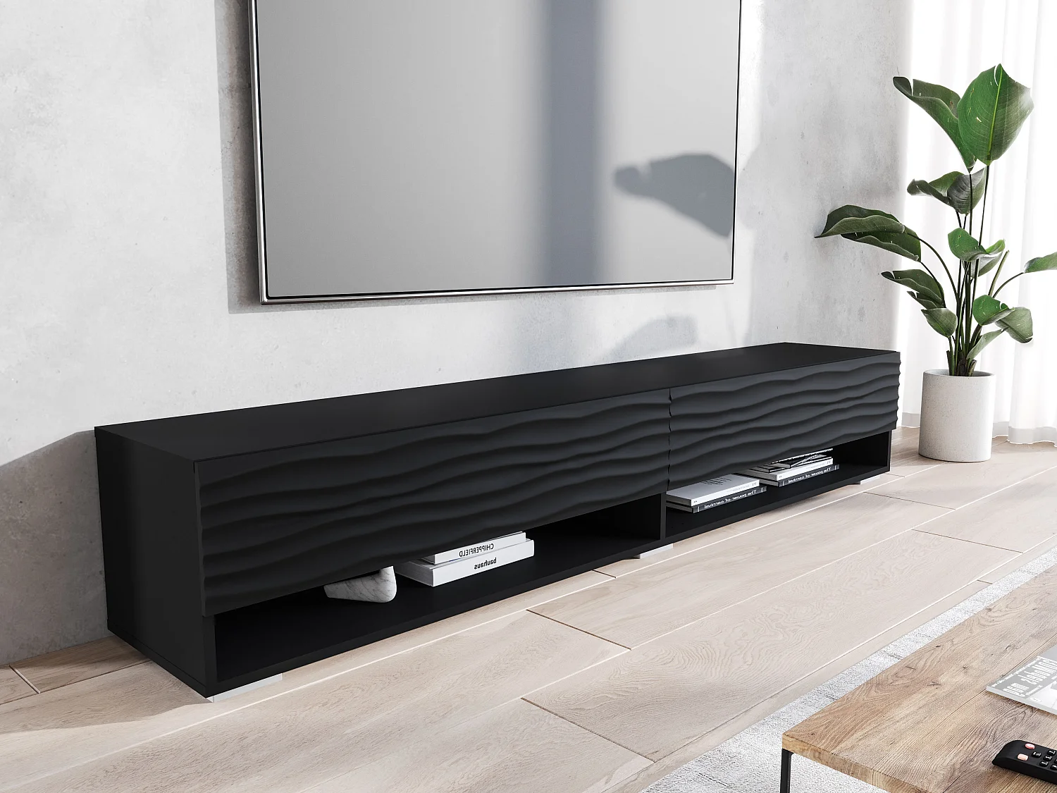 Meuble TV moderne 180 cm – corps mat, façades MDF ondulées, sans poignées, posé ou suspendu, couleur graphite noir mat