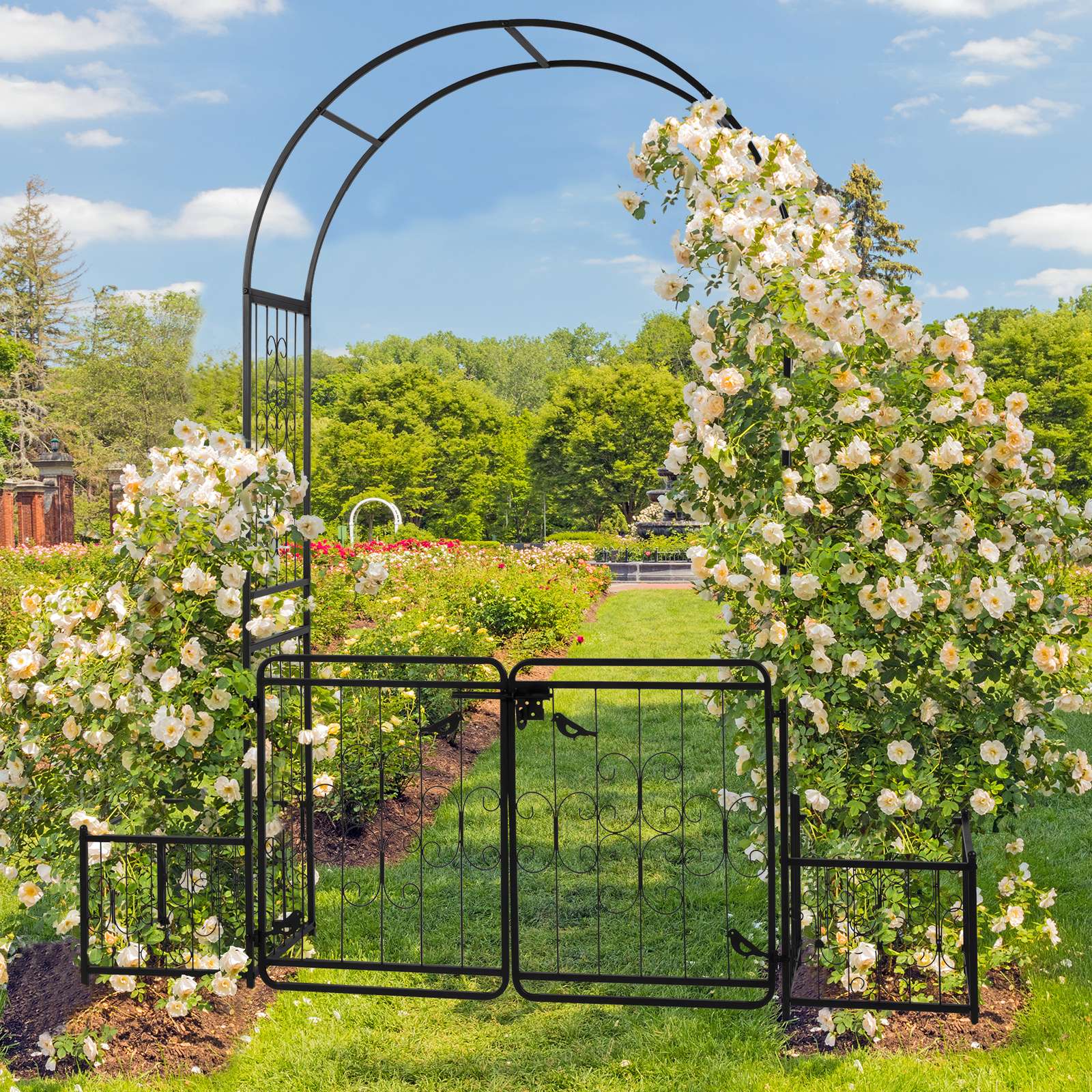 Metal Garden Arbor with Gate and Planter Box, 7.2FT Garden Trellis for Climbing Plants, Patio Wedding Party Lawn Arches Decoration, Black