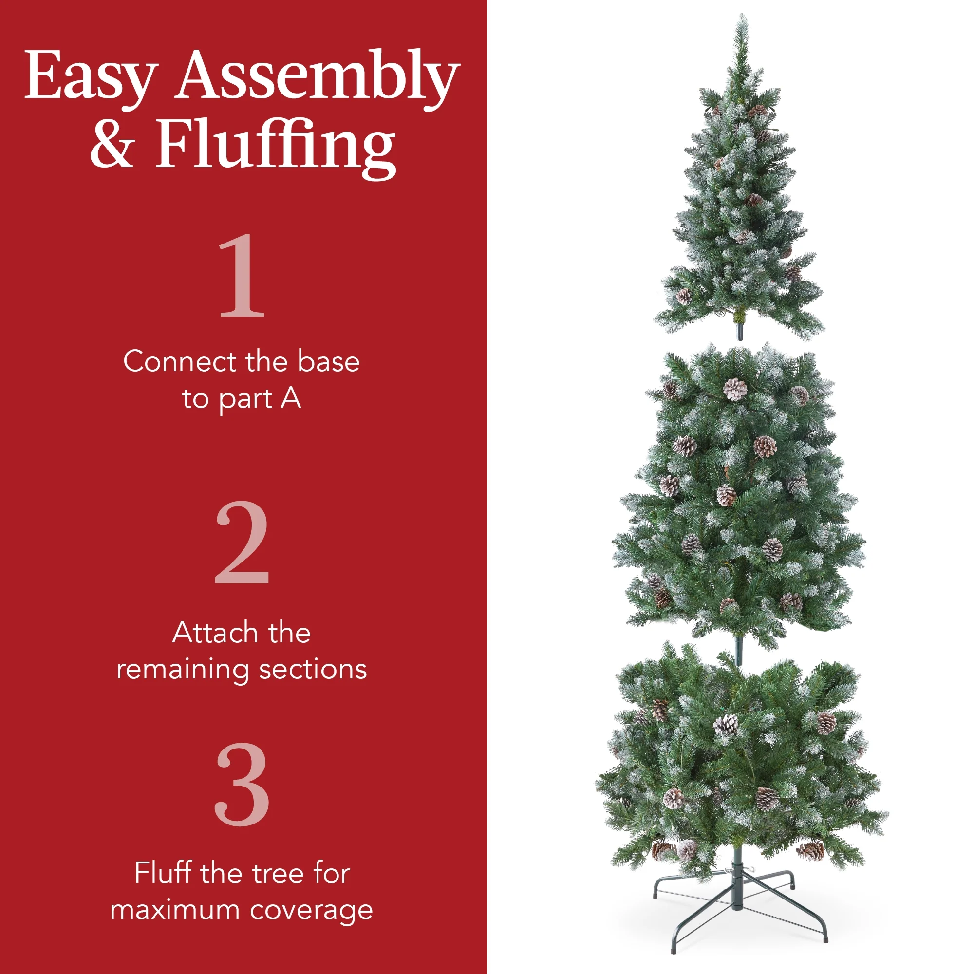 Best Choice Products 6ft Pre-Lit Partially Flocked Pencil Christmas Tree w/ 250 Lights, Pine Cones, Foldable Stand - Image 28