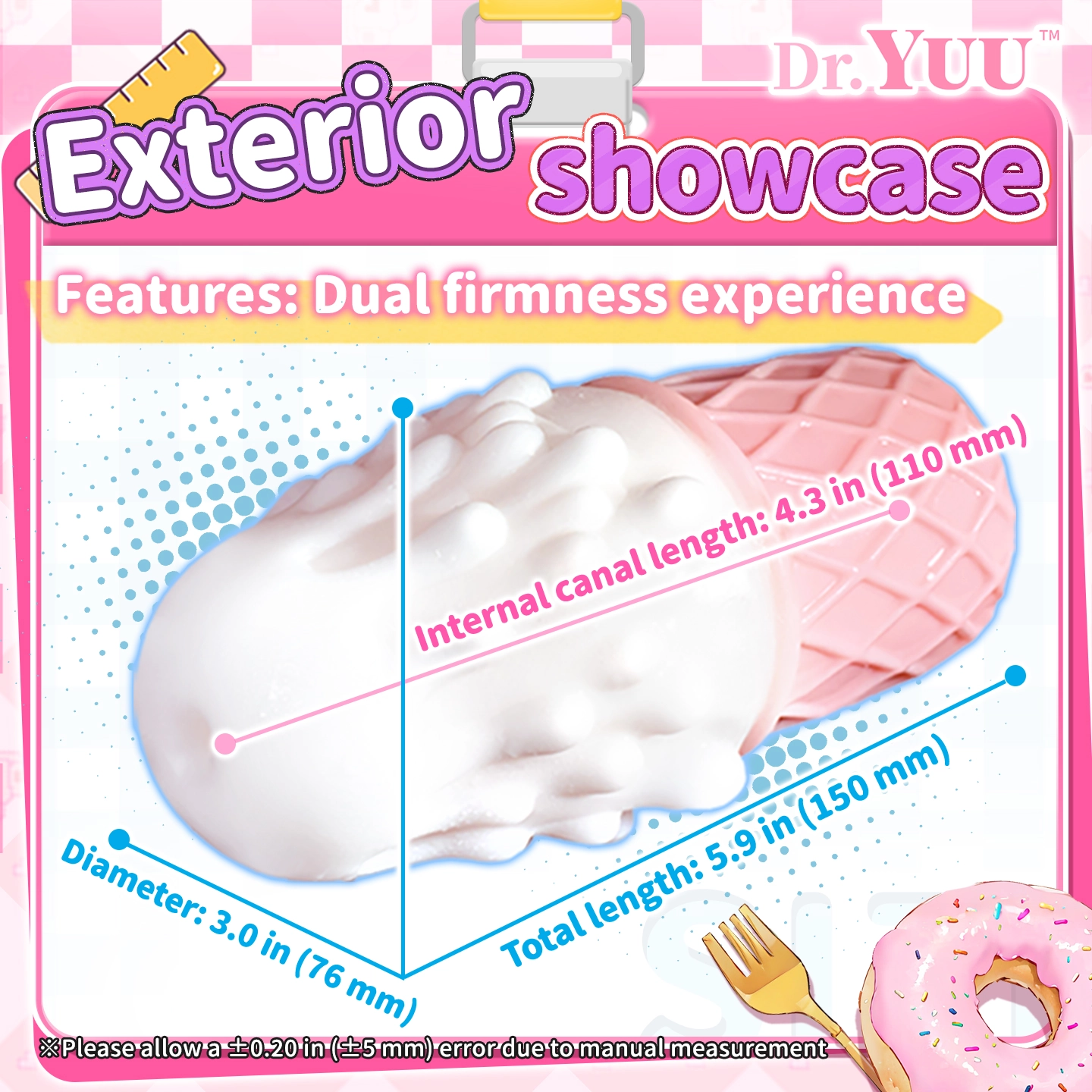 Dr.YUU ice cream male masturbator specifications with 0.66 lb weight and 4.3 inch canal