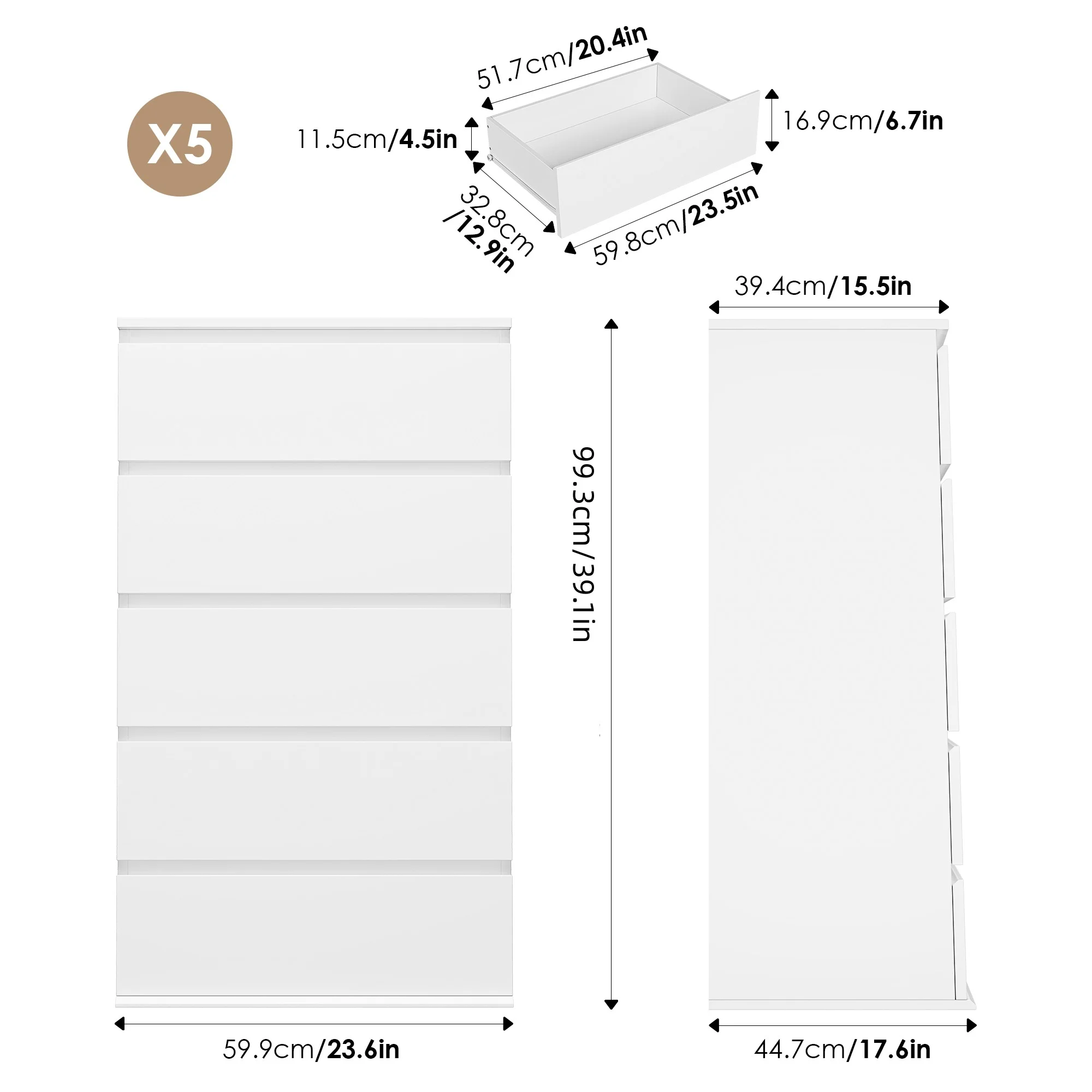 Homfa 5 Drawer White Dresser, Modern Storage Cabinet for Bedroom,Tall Chest of Drawers for Living Room - Image 2