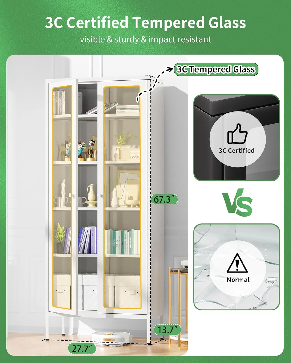 SUNCROWN Metal Storage Cabinet, Curio Display Cabinet with 2 Glass Display Door and 4 Shelves, Side Storage Organize, Modern Bookshelf Cabinet for livingroom, Bedroom, Kitchen, Black - Image 28