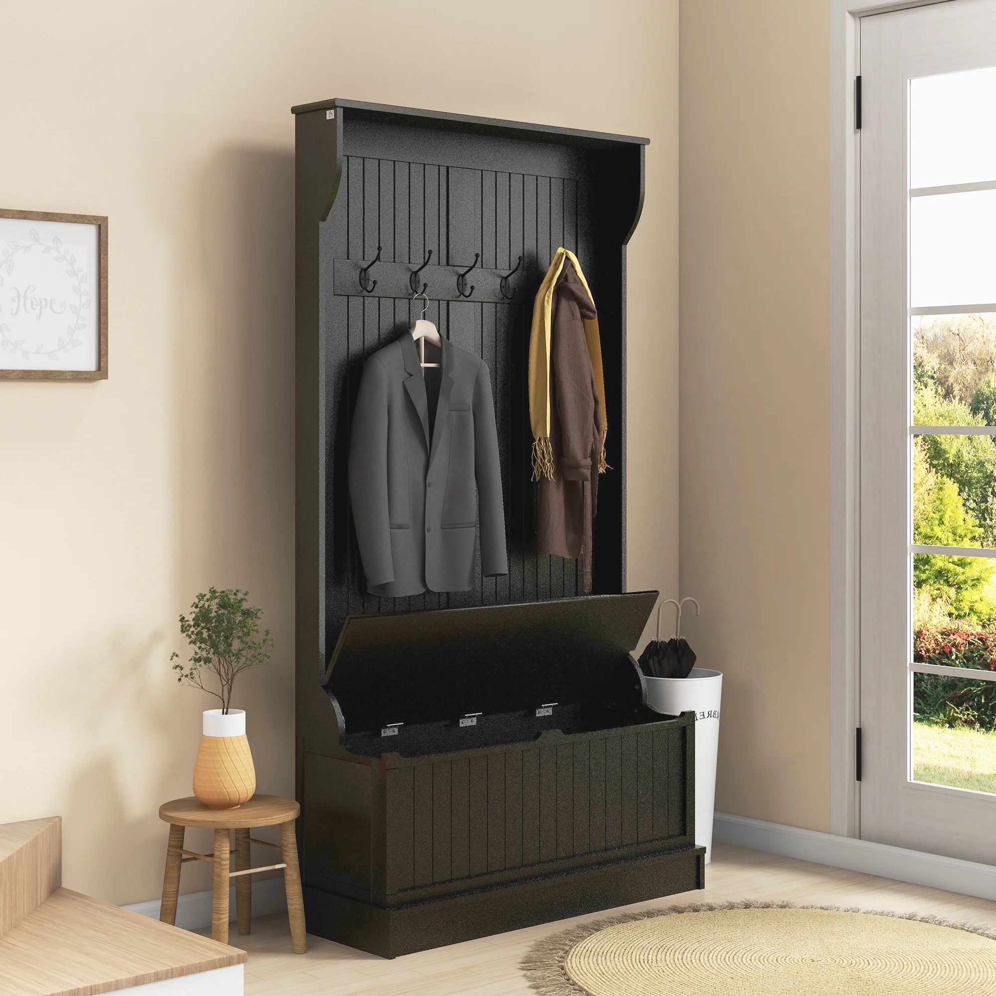 HOMCOM 3-In-1 Hall Tree Storage Bench and Coat Rack with Hooks Black