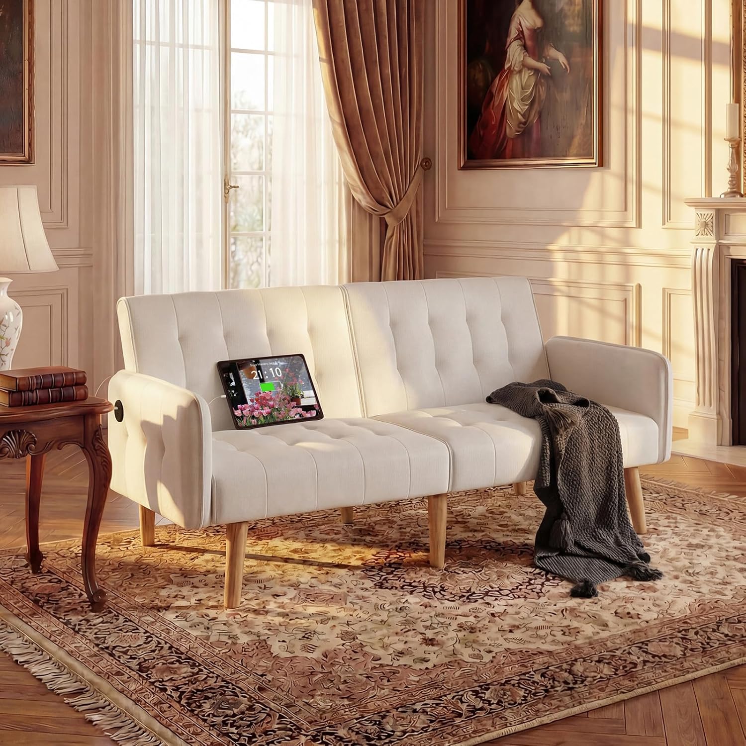 TYBOATLE Modern White Faux Leather Upholstered Convertible USB Folding Futon Sofa Bed, 65