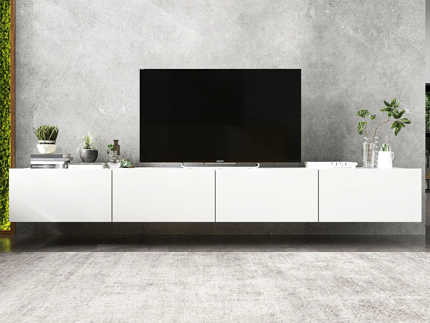 Meuble TV suspendu avec 4 portes - corps Blanc mat, façades Blanc mat - 240 cm