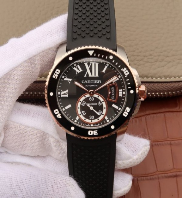 Replica Cartier JJF Calibre De Cartier Diver SS Black Dial RG Bezel Black Rubber Strap A23J - Top club