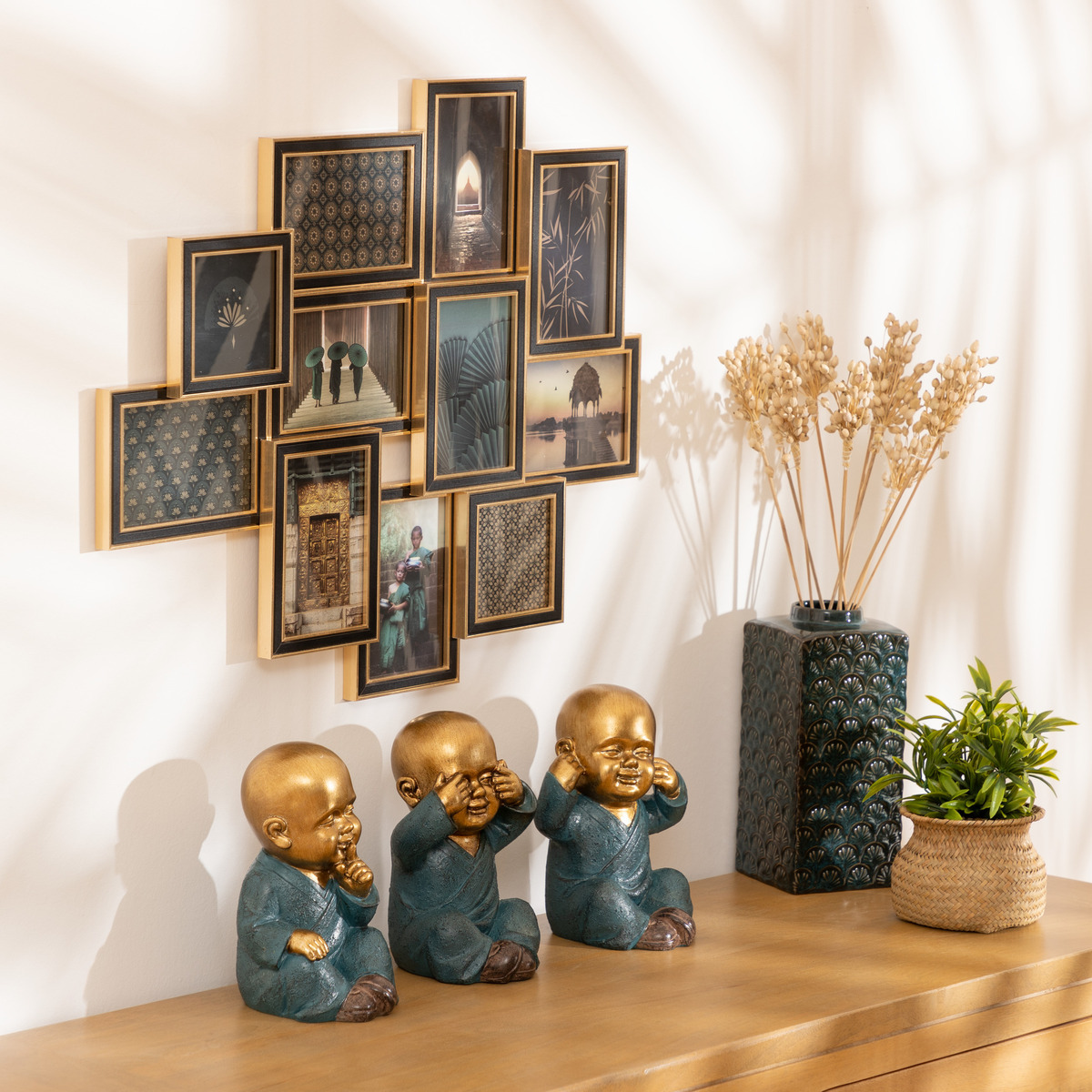 Set of 3 figurines "Bouddha" Resin, golden, h.21 cm