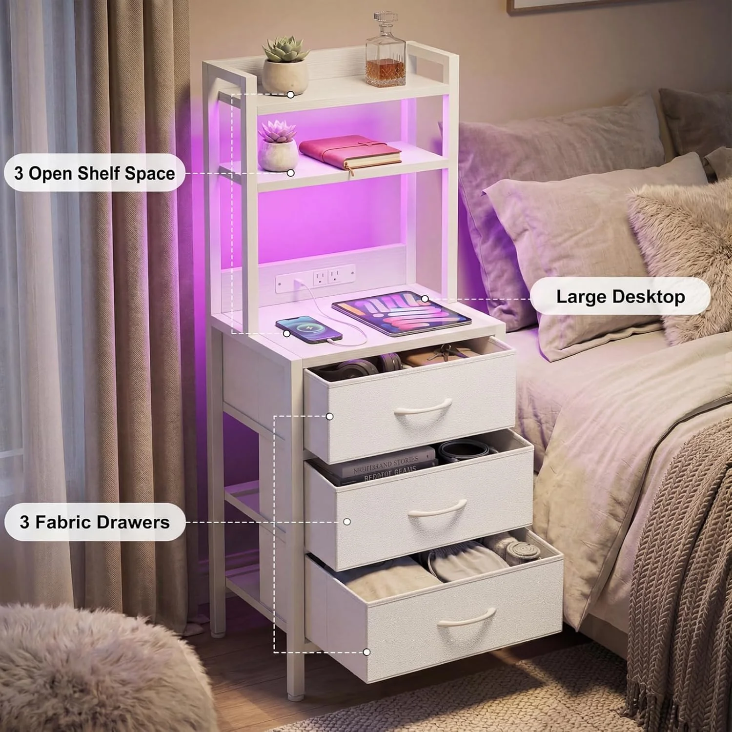 Tall White Nightstand with Charging Station, 3 Fabric Drawers, RGB LED & Bookshelf,White - Image 7 Tall White Nightstand with Charging Station, 3 Fabric Drawers, RGB LED & Bookshelf,White - Image 7