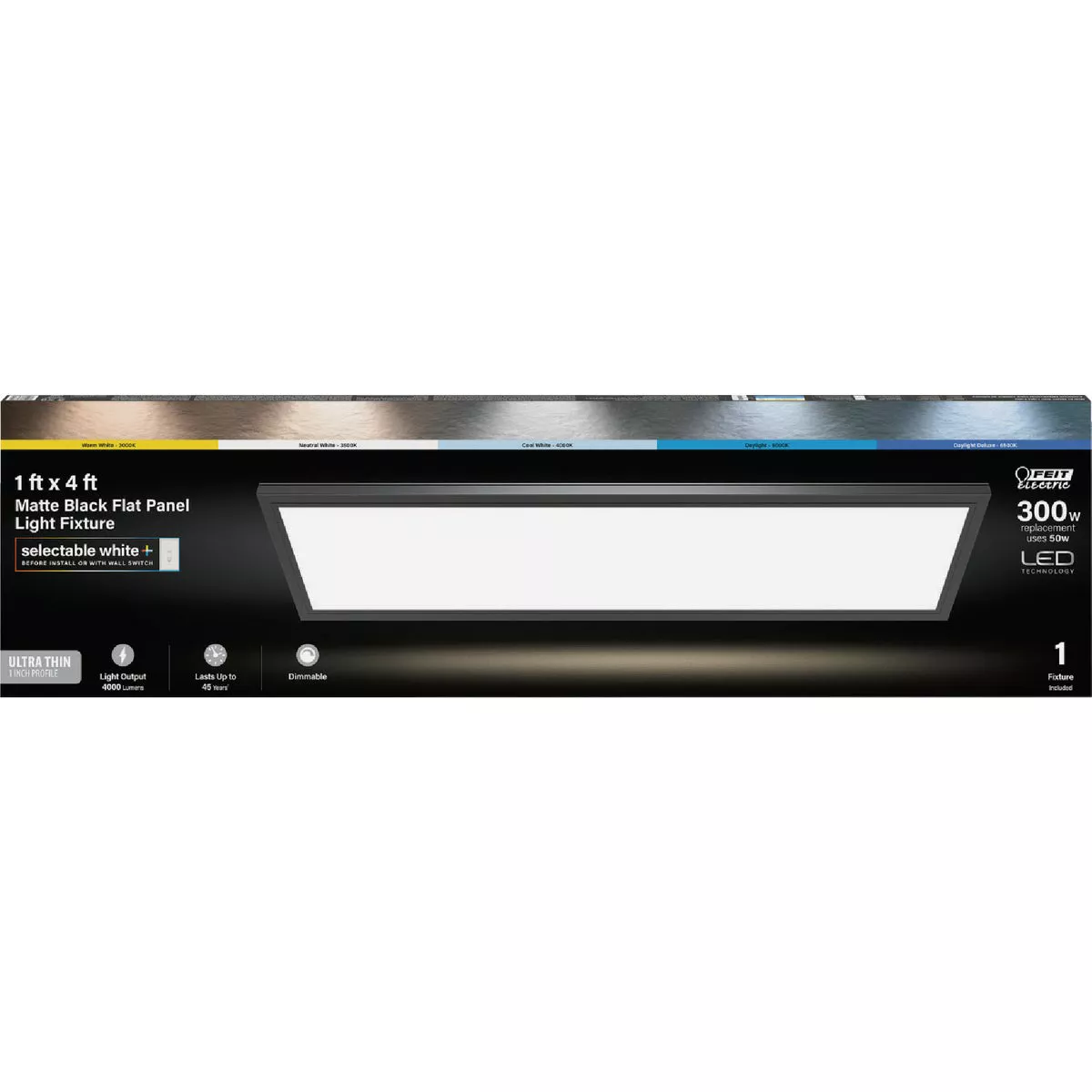 Feit Electric Edge-Lit 1 Ft. W. x 4 Ft. L. Matte Black Dimmable 6-Way LED Utility Flush Mount Light