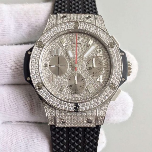 Replica Hublot Big Bang Full Pave Chrono Diamonds Dial Black Rubber Strap A7750 - Top club