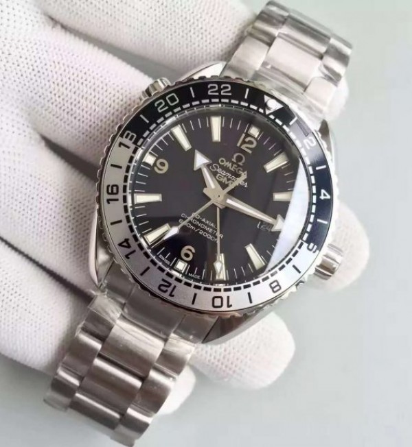 Replica Omega Planet Ocean 600M GMT Black/Silver Bezel Black Dial SS Bracelet A8906 - Elite Watch Atelier