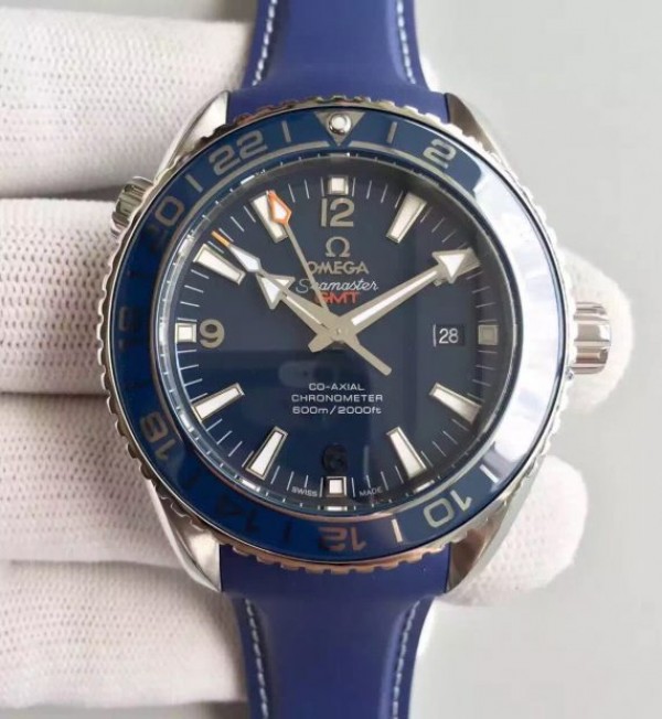 Replica Omega Planet Ocean SS GMT Blue Dial Silver Markers Blue Rubber Strap A8605 - Top club