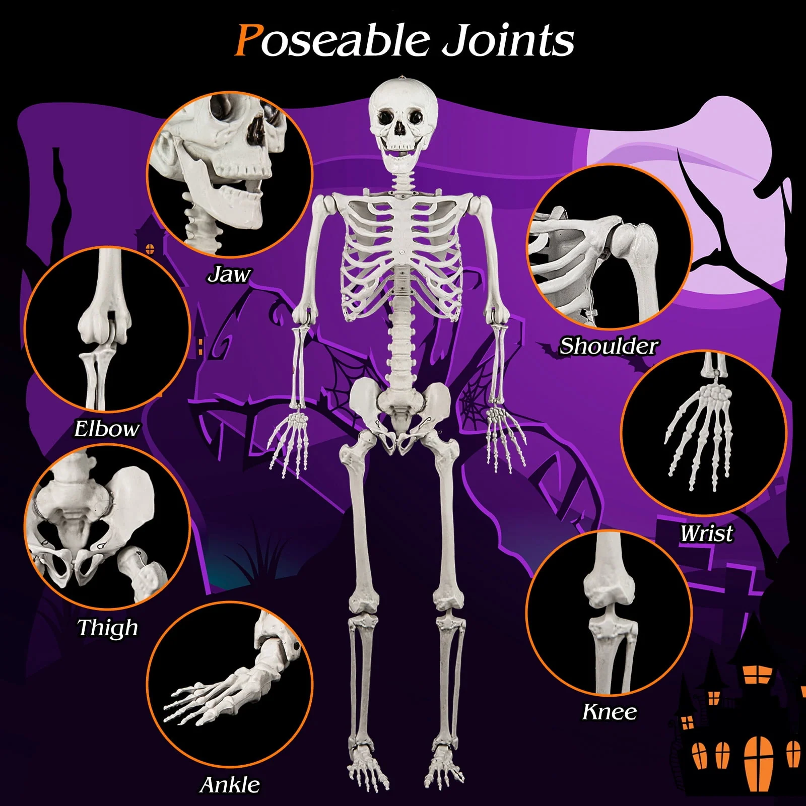 Costway 5.4 FT Halloween Skeleton Decoration Life Size Large Skeleton with Posable Joints 64.5 Inches Ivory White - Image 5 Costway 5.4 FT Halloween Skeleton Decoration Life Size Large Skeleton with Posable Joints 64.5 Inches Ivory White - Image 5