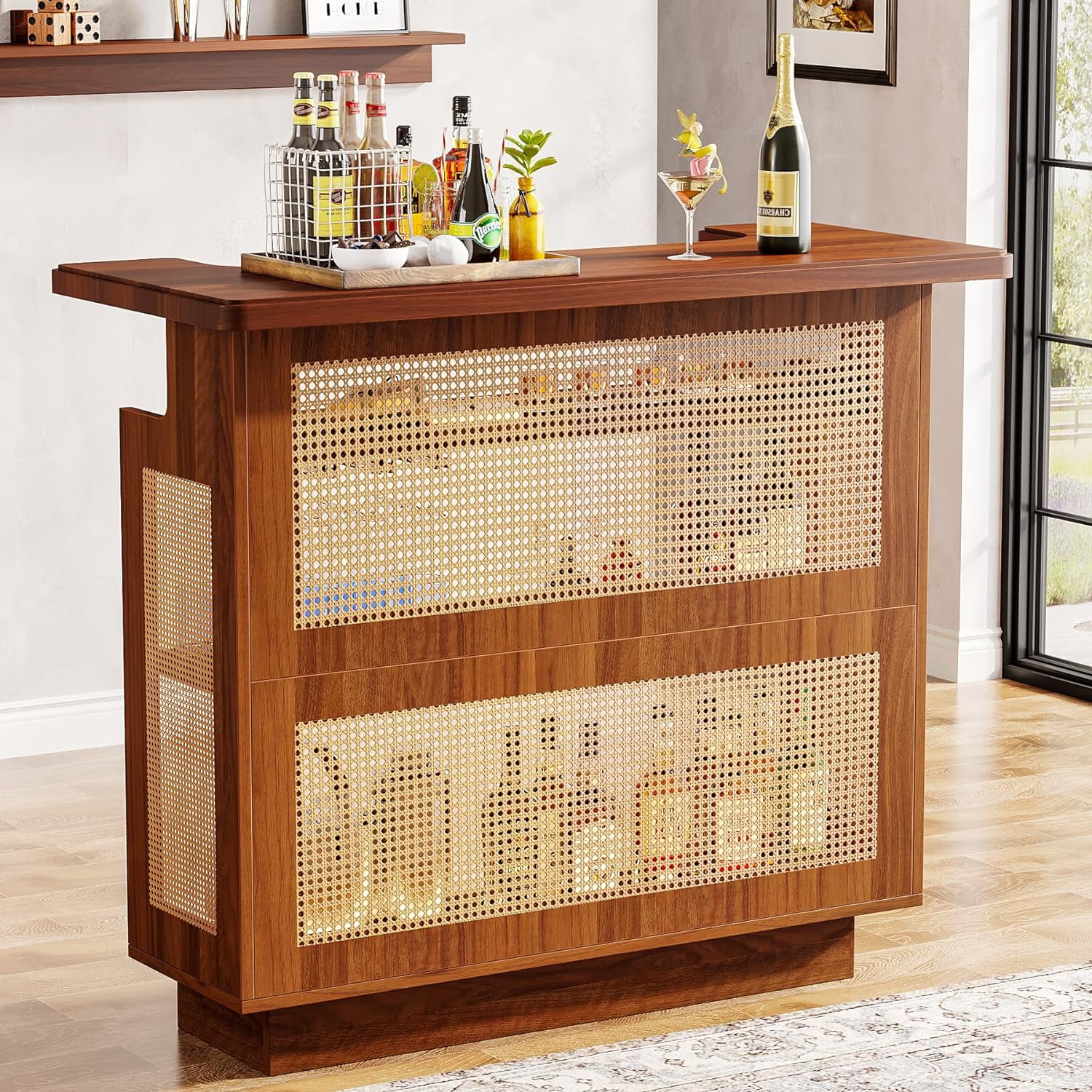 Tribesigns Farmhouse Storage Straight Bar with Stemware Racks and Wine Racks, Caramel Brown