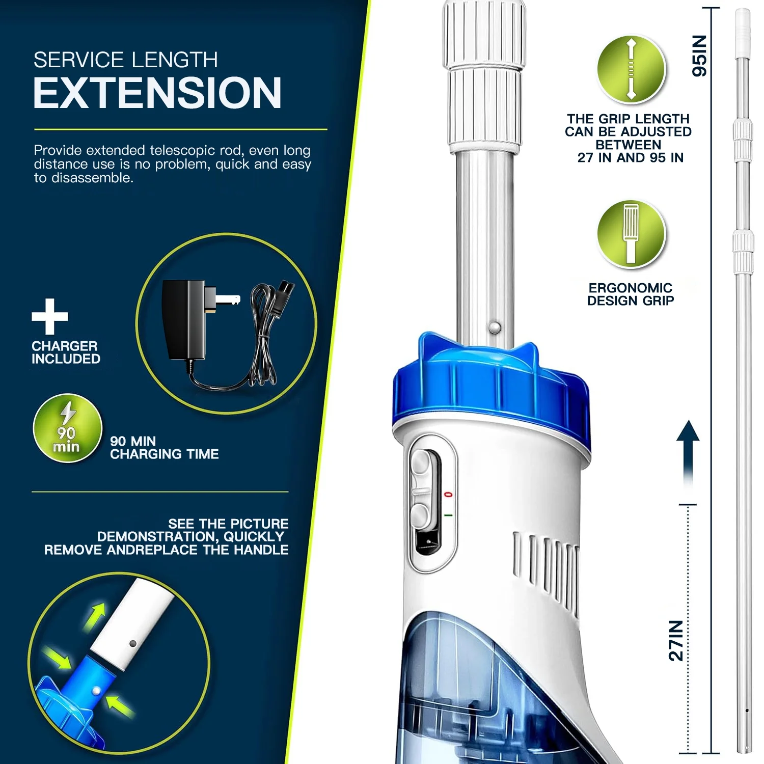 LANCHEZ Cordless Pool Vacuum with Strong Suction, Handheld Rechargeable Swimming Pool Cleaner with Powerful Suction up to 17.5 GPM for Inground and Above Ground Pools, Hot Tubs - Image 7
