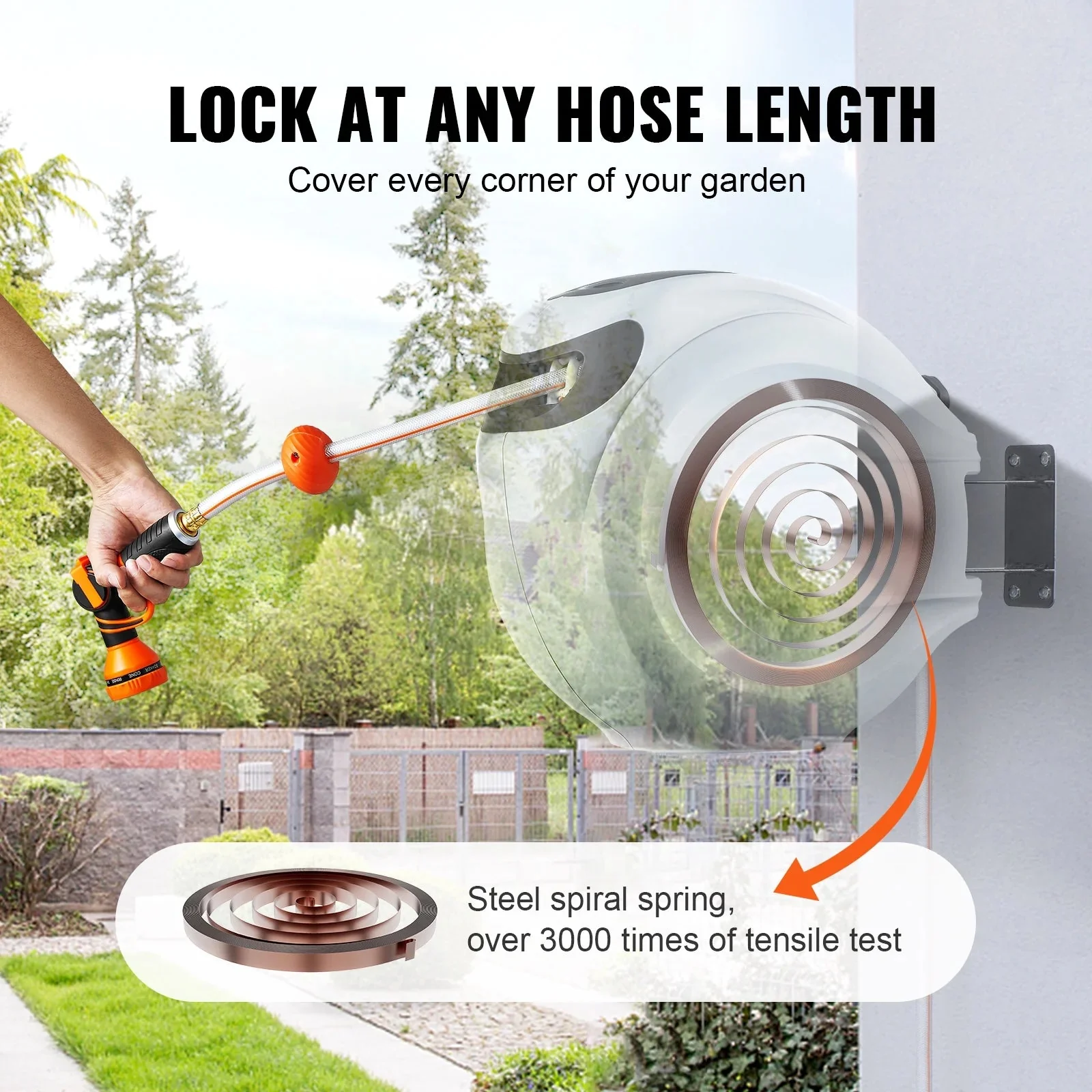 VEVOR Retractable Garden Hose Reel, 100 ft x 1/2 inch, Wall-Mounted With 9-Pattern Nozzle - Image 4 VEVOR Retractable Garden Hose Reel, 100 ft x 1/2 inch, Wall-Mounted With 9-Pattern Nozzle - Image 4