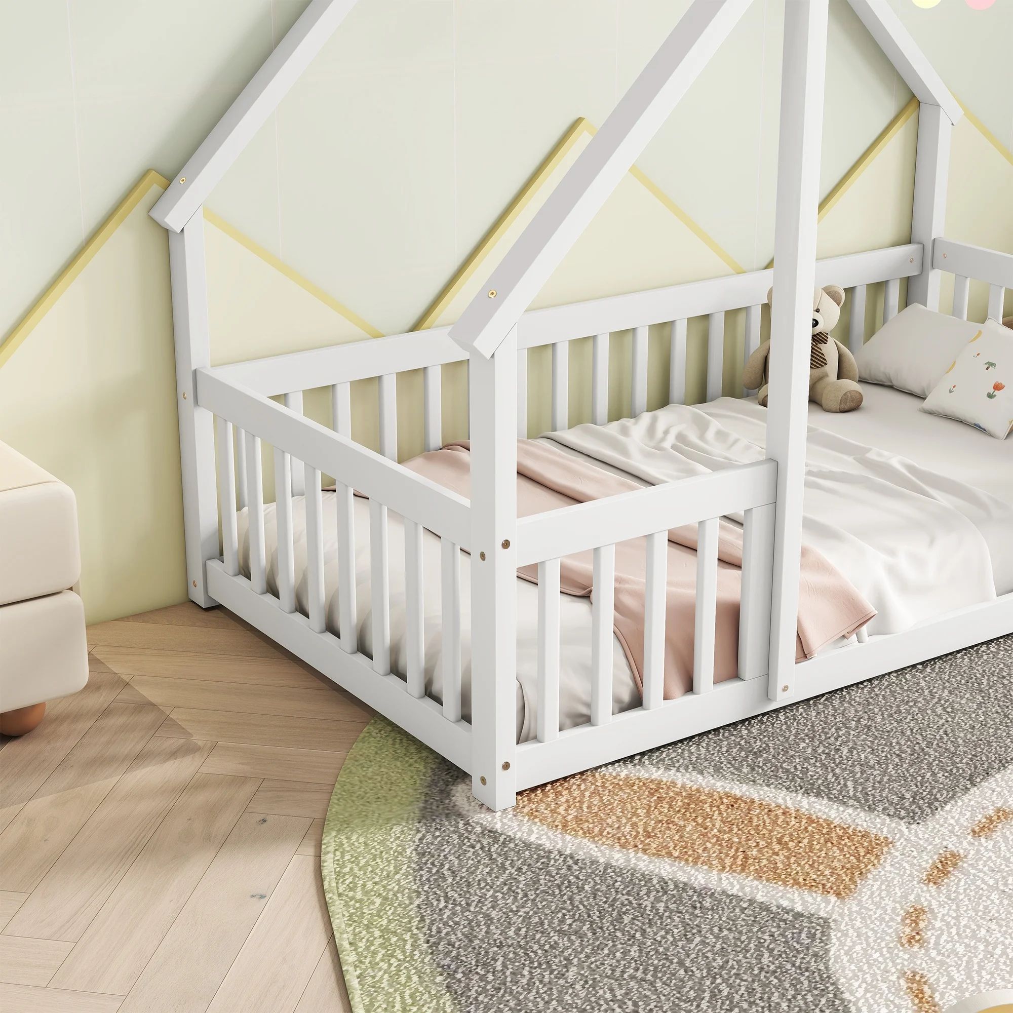 Bellemave Twin Size Floor Bed Frame, Wooden House Bed Twin Size with Fence, Montessori Bed with Guardrails for Bedroom (White) - Image 12
