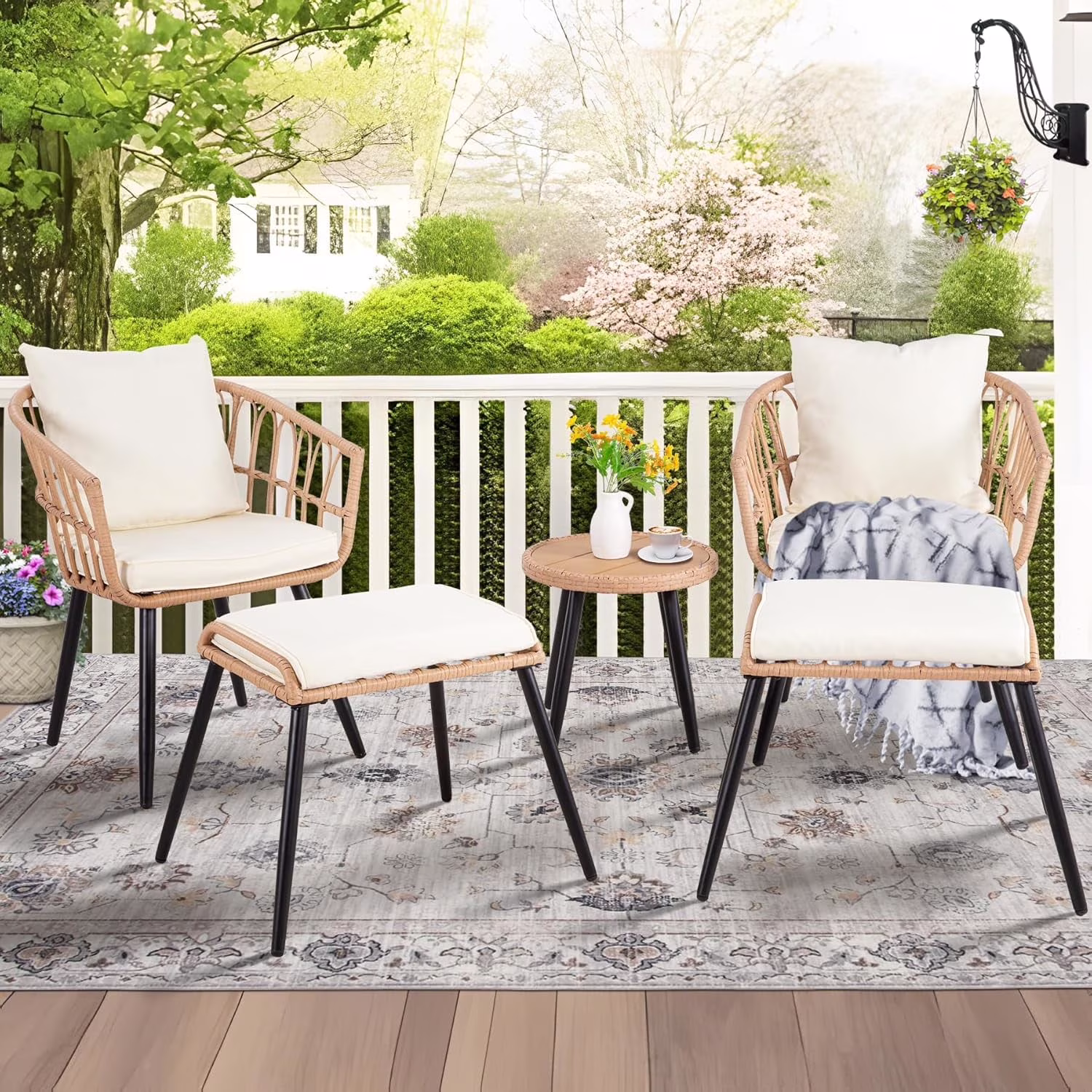 FHFO 3 Piece Patio Bistro Set, Outdoor Wicker Apartment Balcony Furniture Sets, Rattan Table and Chairs Set of 2 for Porch Backyard Lawn Poolside Deck, Beige - Image 3