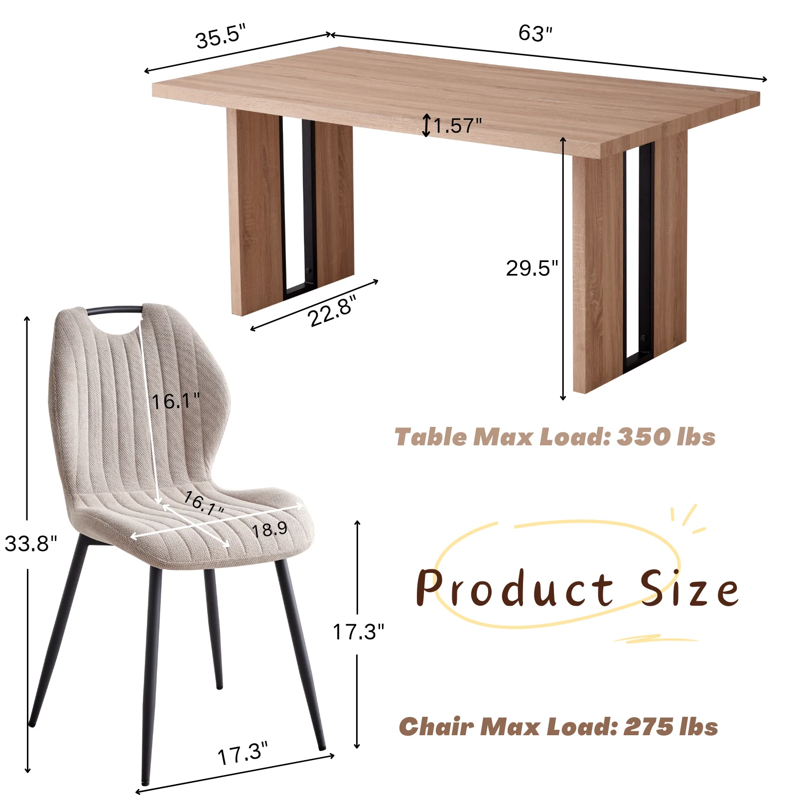 5pcs Rectangle Dining Table Chairs Set for 4, 63" Farmhouse Wood Kitchen Table with 4 Upholstered Mid Century Modern Boucle Chairs for Dinner, Living Dining Room, Apartment, Beige - Image 30