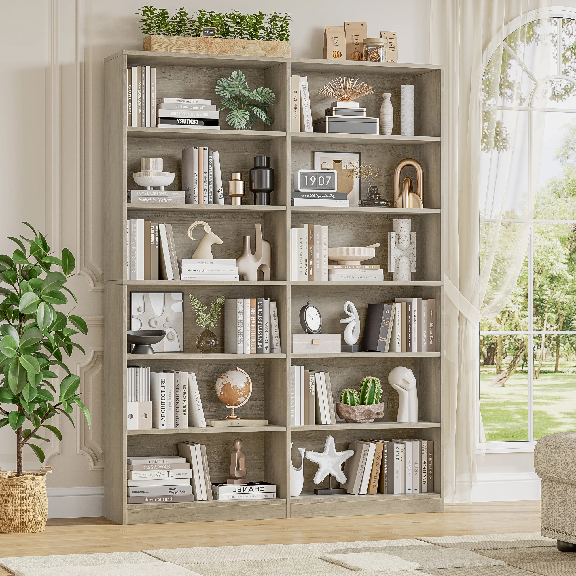 Homfa 74.3�� Double Wide 6-Tier Bookcase, Extra Large Wooden Freestanding Display Bookshelf for Home Office Living Room, White - Image 41