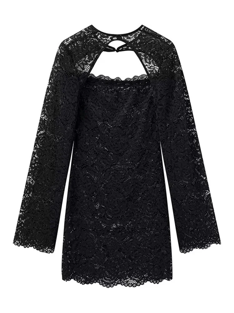 Black Lace Mini Dress Women’s 2 Piece-Set Shrug Hollow Out Printed Fashion Sexy Party Dress Sets Female See-Through Dress - AZJHJ