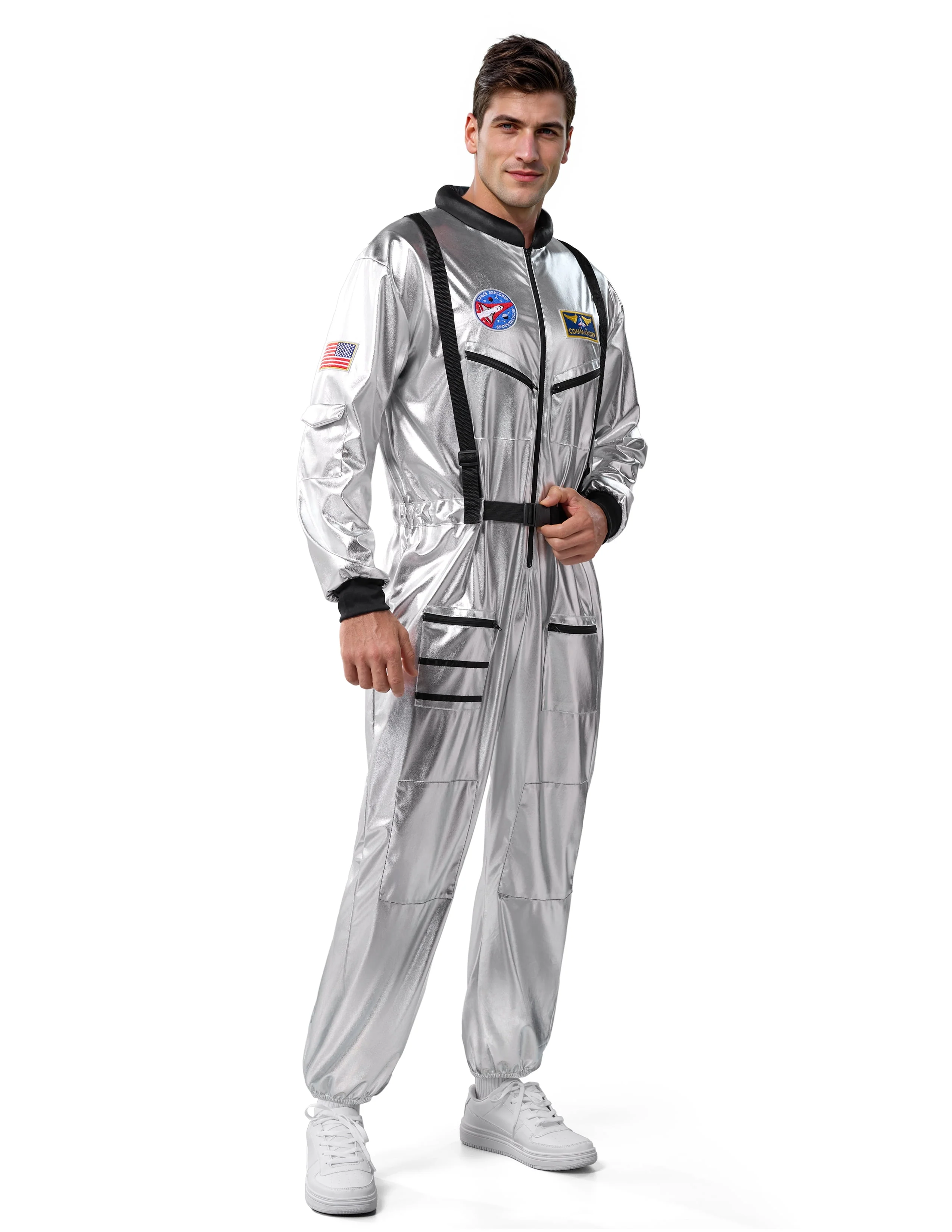 Joyfy Adult Men Astronaut Costume Halloween Spaceman Costume Silver Space Suit Spaceman Jumpsuit Pilot Outfit for Halloween Party Cosplay - Image 2 Joyfy Adult Men Astronaut Costume Halloween Spaceman Costume Silver Space Suit Spaceman Jumpsuit Pilot Outfit for Halloween Party Cosplay - Image 2