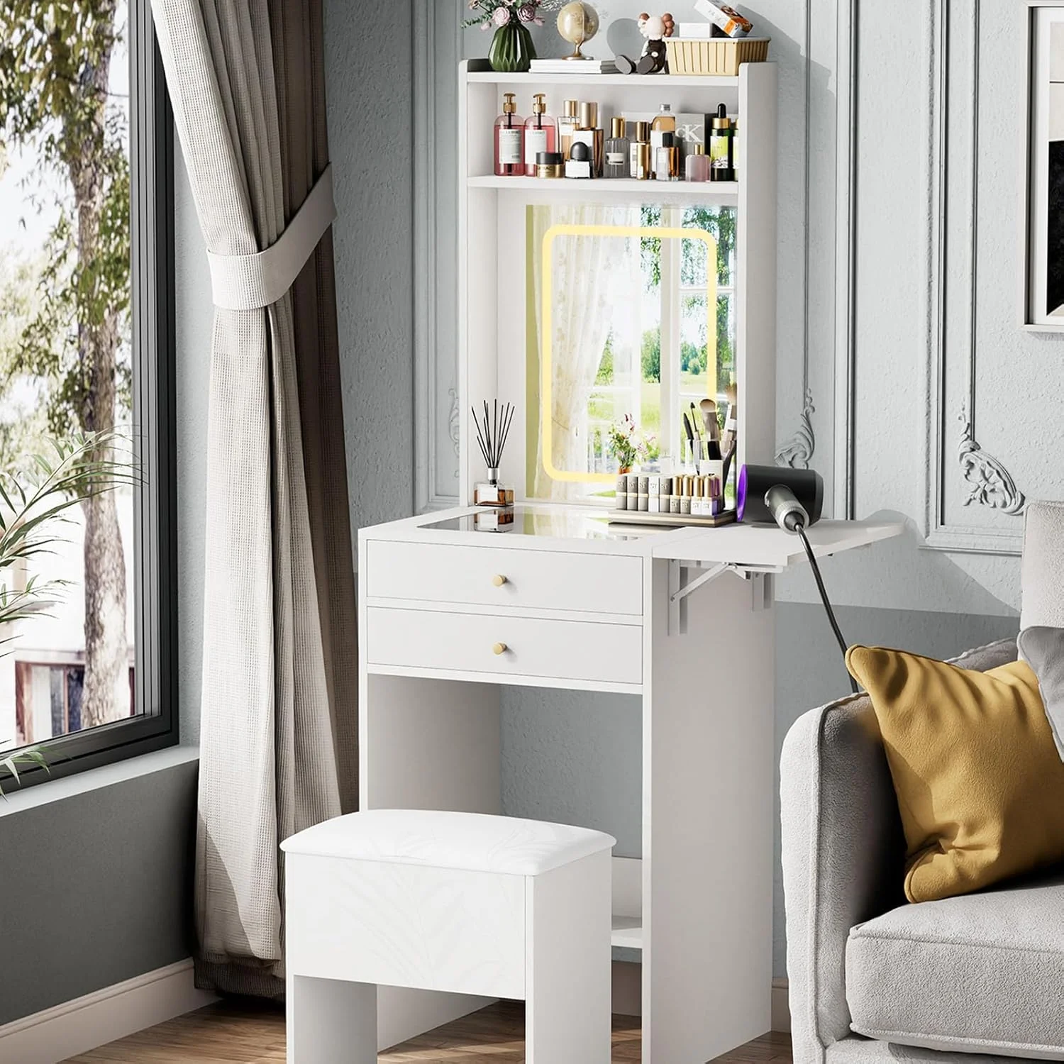 Montary Modern Mini Vanity w/Adjustable LED Mirror + Hidden Storage, Padded Stool & Dustproof Shelves (White) - Image 135