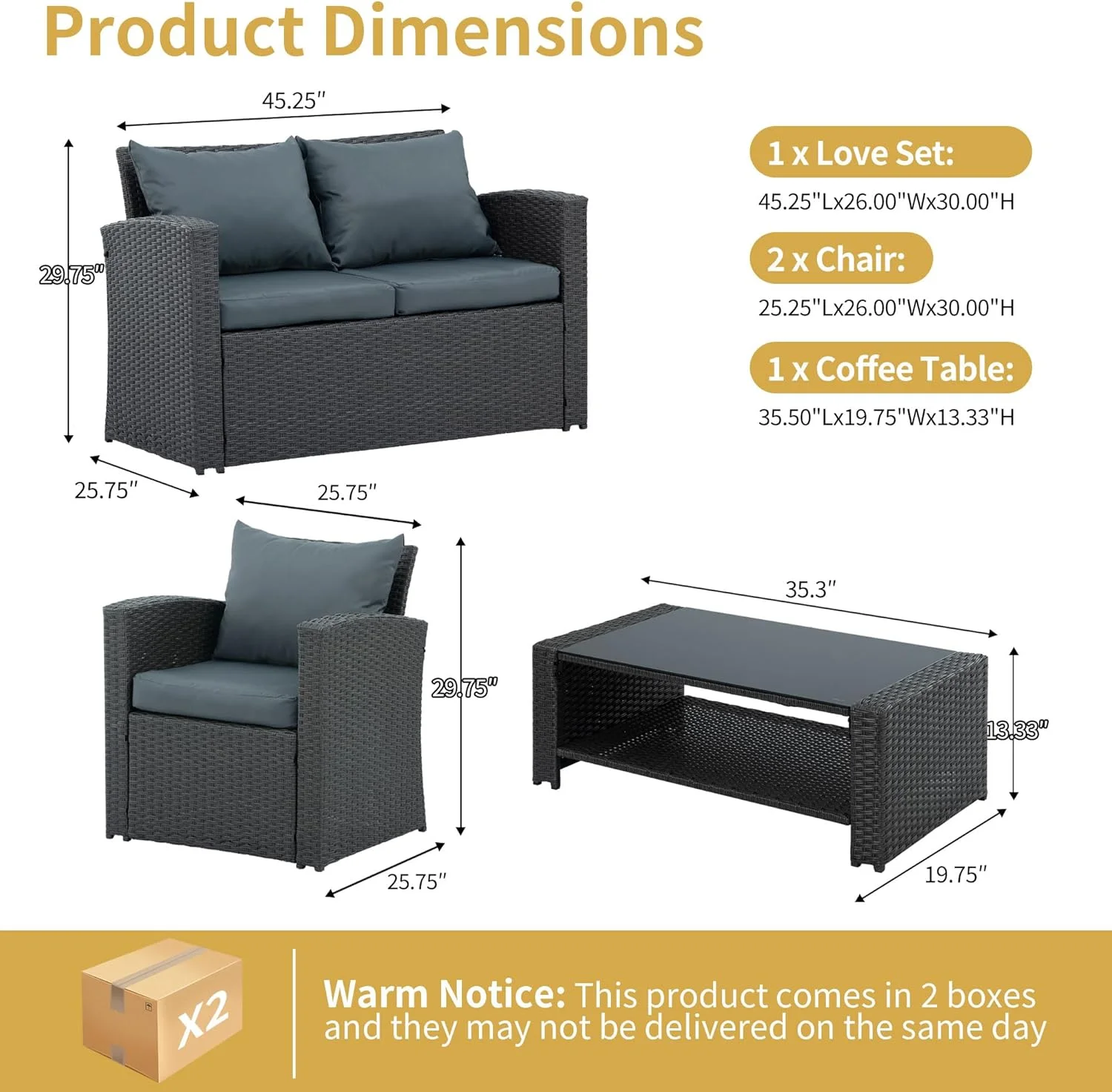 7 Piece Patio Furniture Sets Outdoor Sectional PE Rattan Outdoor Furniture Patio Conversation Set with Cushions and Glass Coffee Table, for Balcony Lawn and Garden, Gray - Image 15