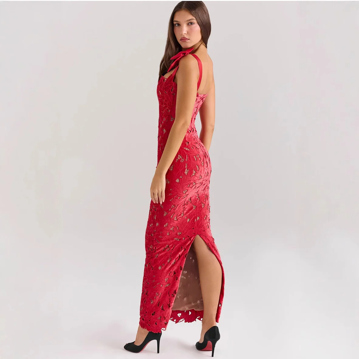 Spring Summer Entry Lux Bow High Sense Embroidered Hollow Out Cutout Sheath Dress - AZJHJ
