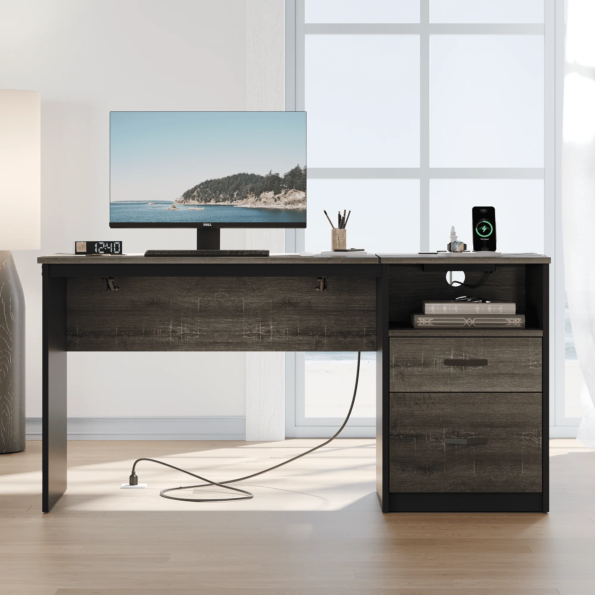 Bestier Computer Desk with Drawers Power Outlet 60" Office Desk Lift Top Desk, Gray - Image 3