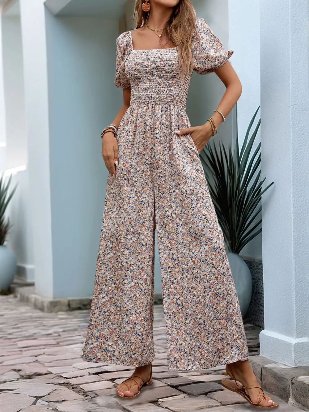 Perfee Ditsy Floral Smocked Square Neck Puff Sleeve Jumpsuit - ZKZOOK
