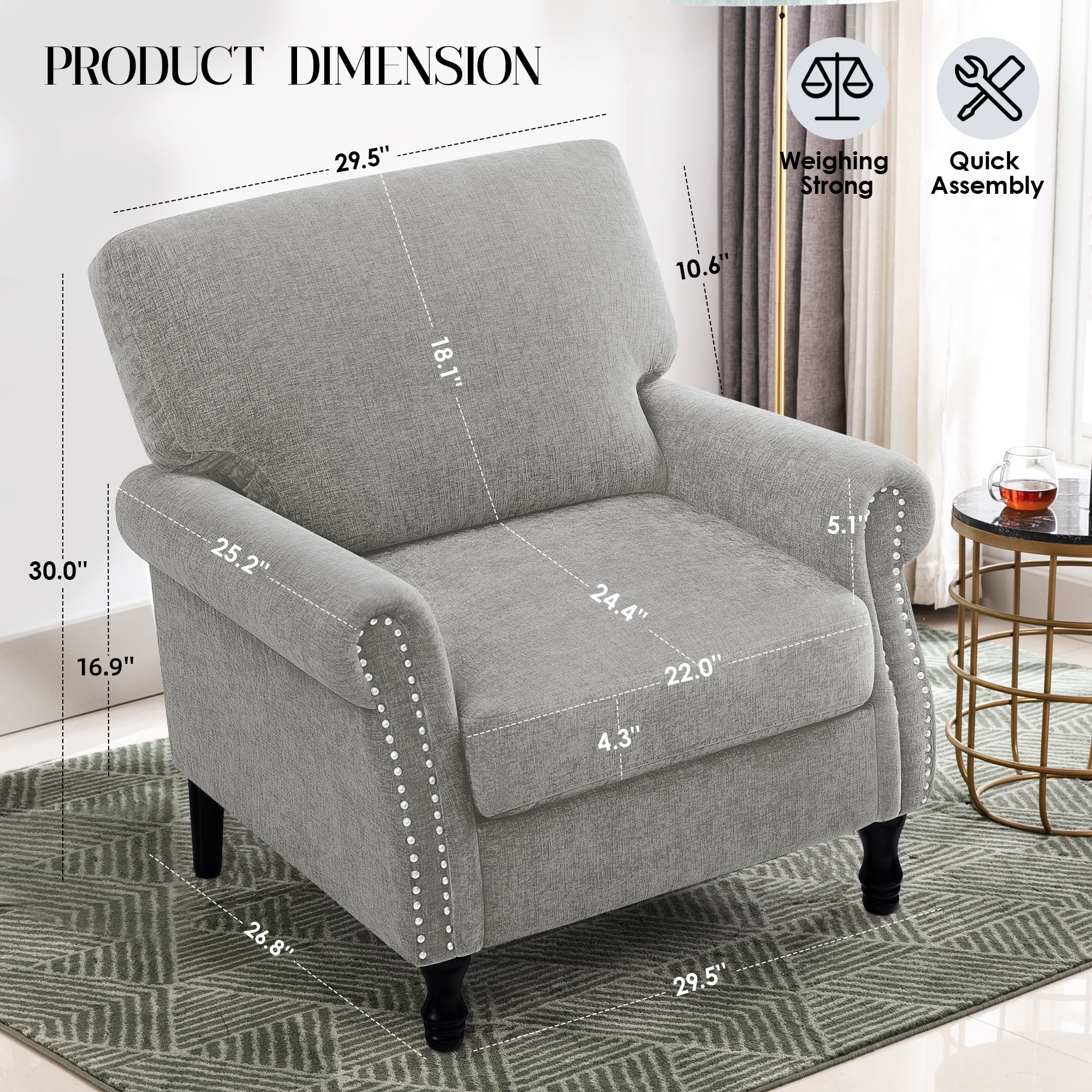 COOLHUT Modern Accent Chair Armchair, Linen Fabric Upholstered Comfy Single Sofa with Solid Wood Frame for Living Room, Gray - Image 4