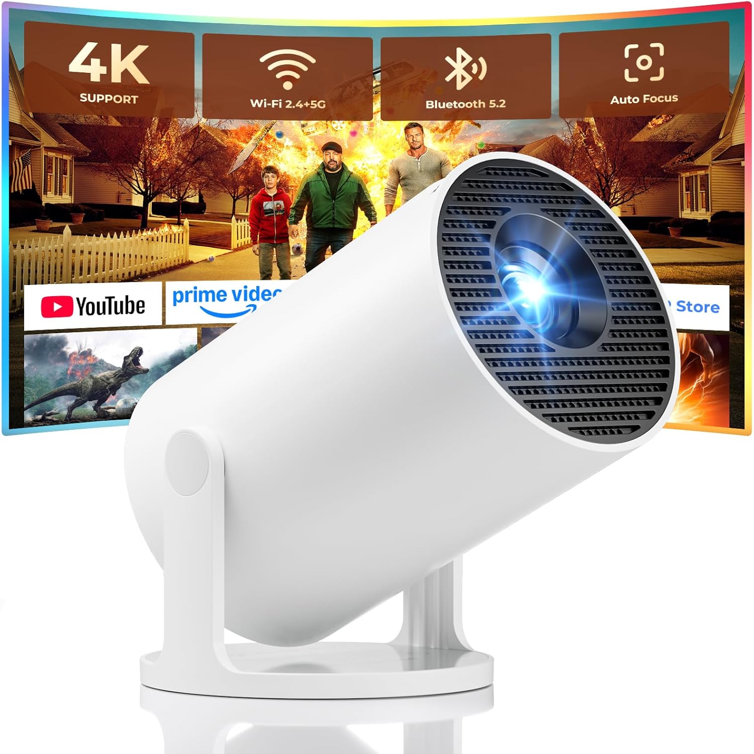 Mini Projector, Portable Projector with Wifi and Bluetooth, Built in Apps, Support 4K 1080P, 180° Rotation, Auto Keystone, Movie Projector Compatible With HDMI/USB/TV Stick/Smartphone/Laptop