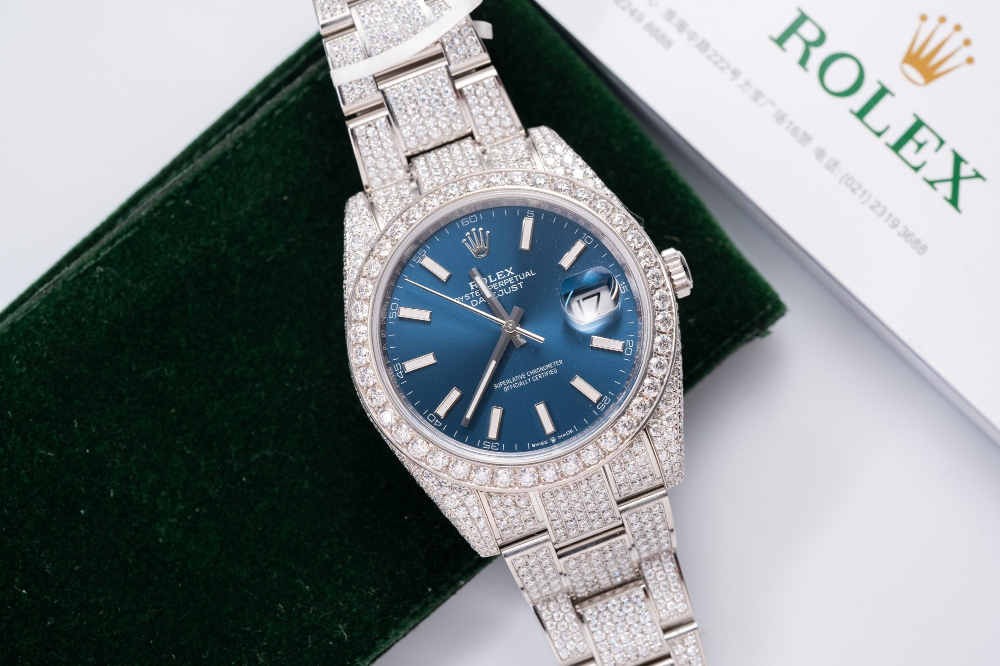 Rolex Replica 1:1 Watch DateJust With Full Moissanite Diamond Blue Dial 41mm - Elite Watch Atelier