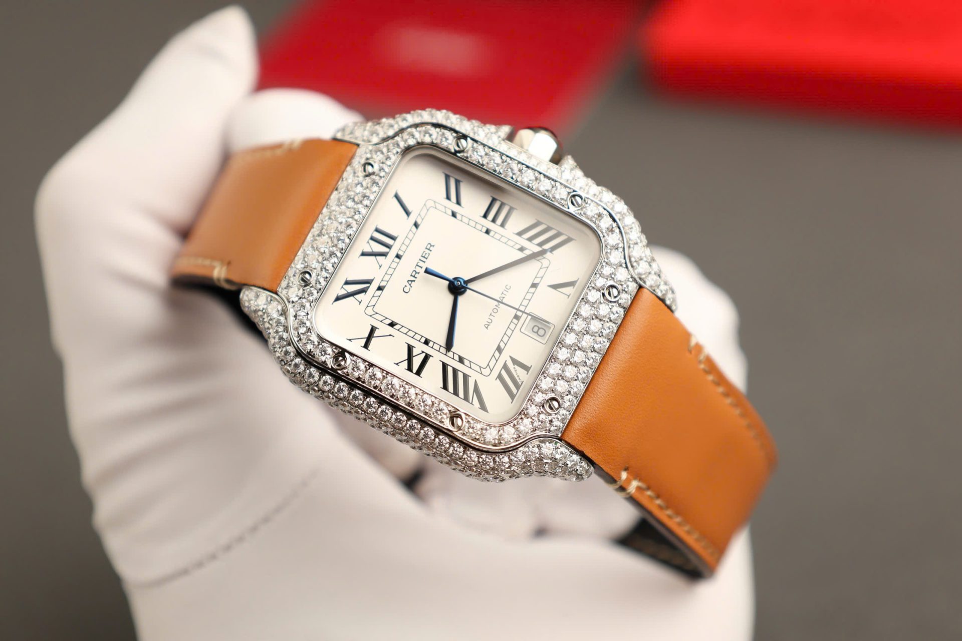 Cartier Santos White Dial Copies Watches Custom Diamonds Moissanite BVF 39.8mm - Top club
