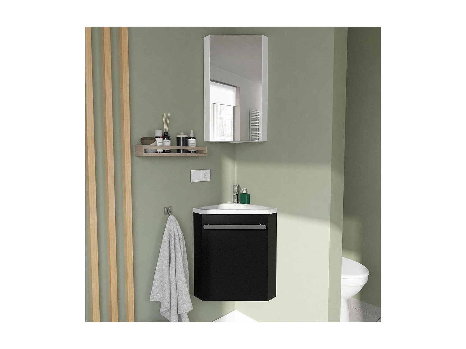 Ensemble lave-mains angle suspendu SKINO avec robinet et armoire d'angle