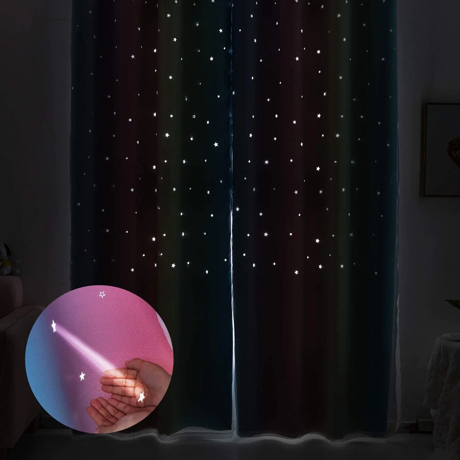 Anjee 2 Panels Blackout Stars Curtains for Girls Bedroom, Colorful Double Layer Rainbow Window Wall Home Decoration Curtains,52 x 63 Inches,Multicolor