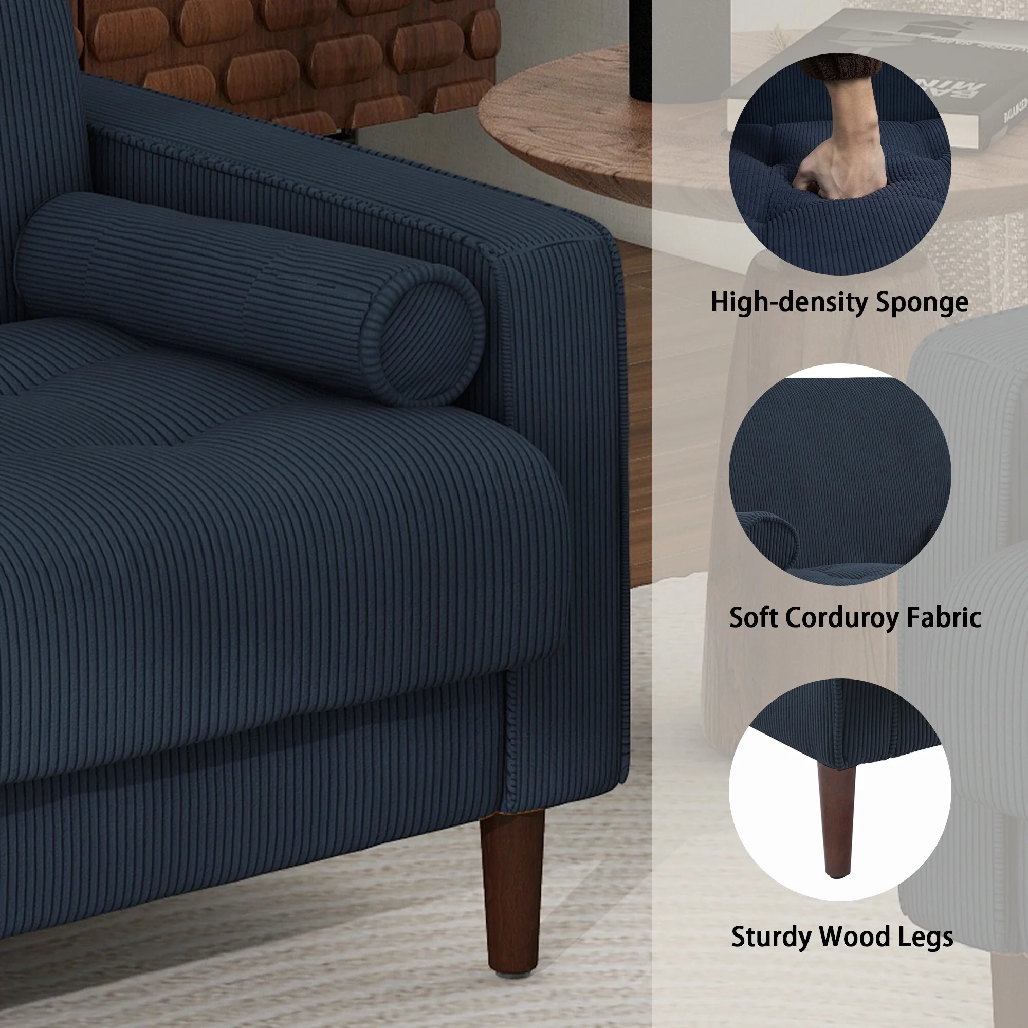 UIXE Corduroy Accent Chair Modern Upholstered Arm Chairs Comfy Reading Armchair with Pillow Armrest Tufted Living Room Single Sofa Lounge Seat, Yellow - Image 24