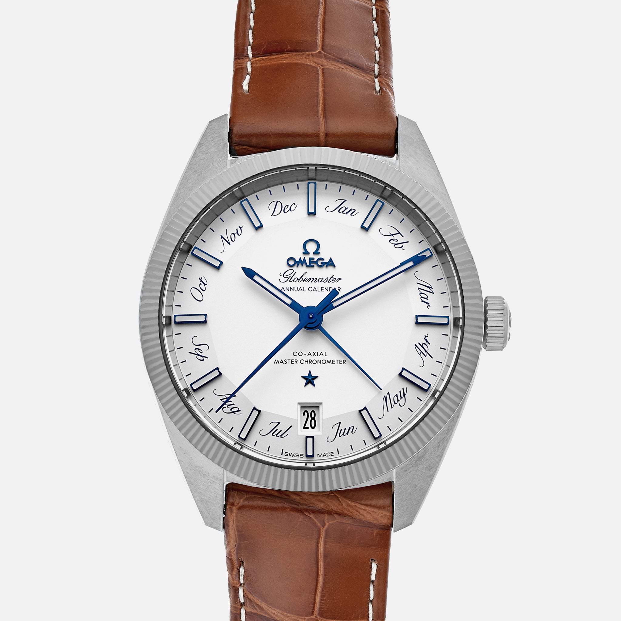 Constellation Globemaster Co-Axial Master Chronometer Annual Calendar 41mm White Dial On Leather Strap(1:1 replica) - Top club