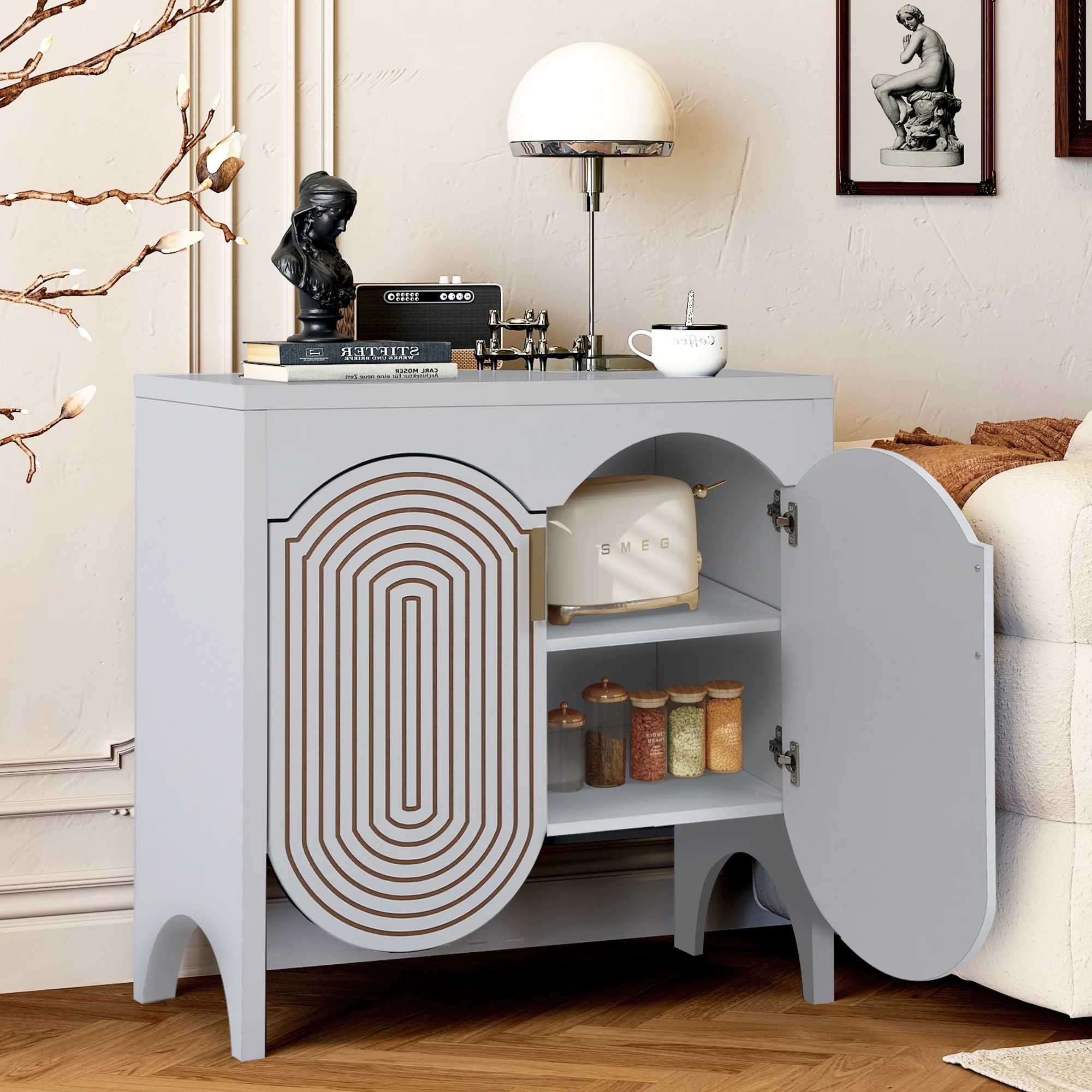 LEFHDA 2PCS Buffet Cabinet, Sideboard Cabinet with Storage, Accent Storage Cabinet with Carved Arc Door Design for Kitchen Dining Room, 2 Doors Buffet Cabinet with Adjustable Shelves - Image 66