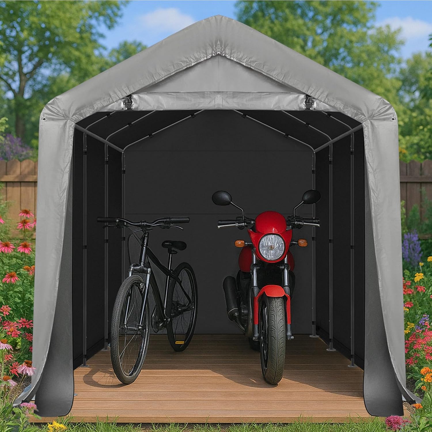 VINGLI 8x12 FT Outdoor Portable Storage Shed, Heavy Duty Bike Tent with Roll-up Zipper Door, Waterproof and UV Resistent Carport for Motorcycle, Garden Tools, Firewood, Gray
