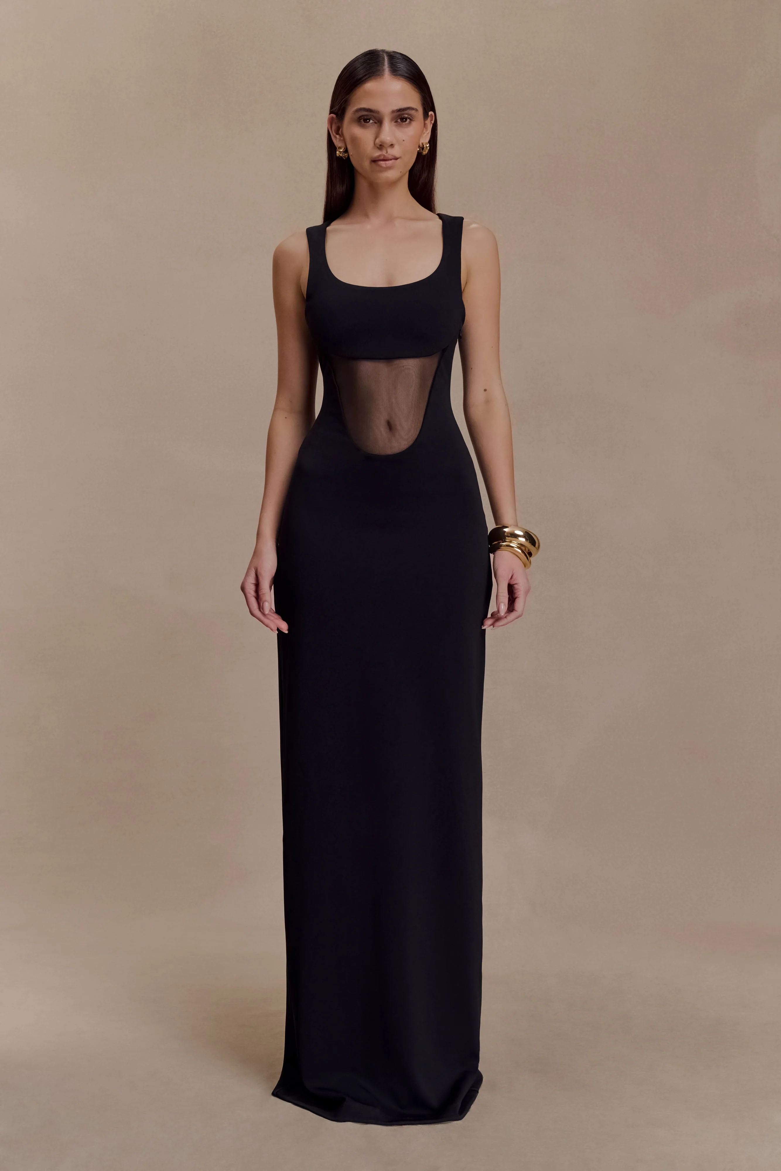 Marlon Crepe And Mesh Maxi Dress - Black